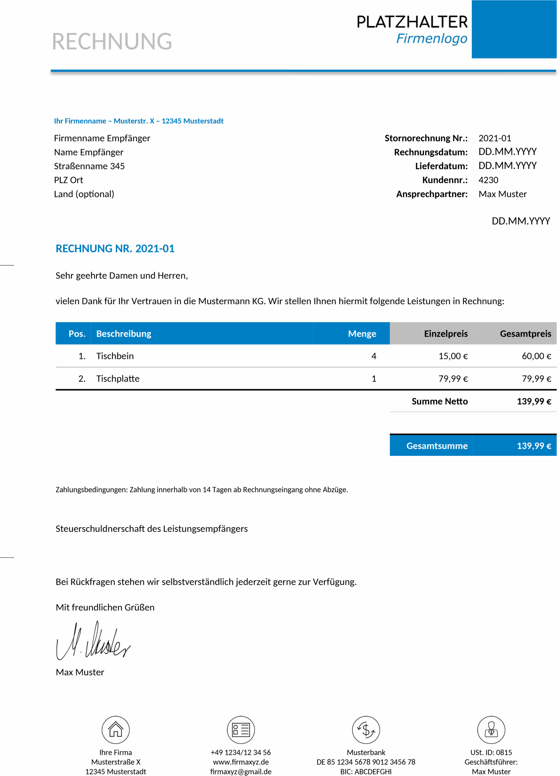 Rechnungsvorlage für die Schweiz
