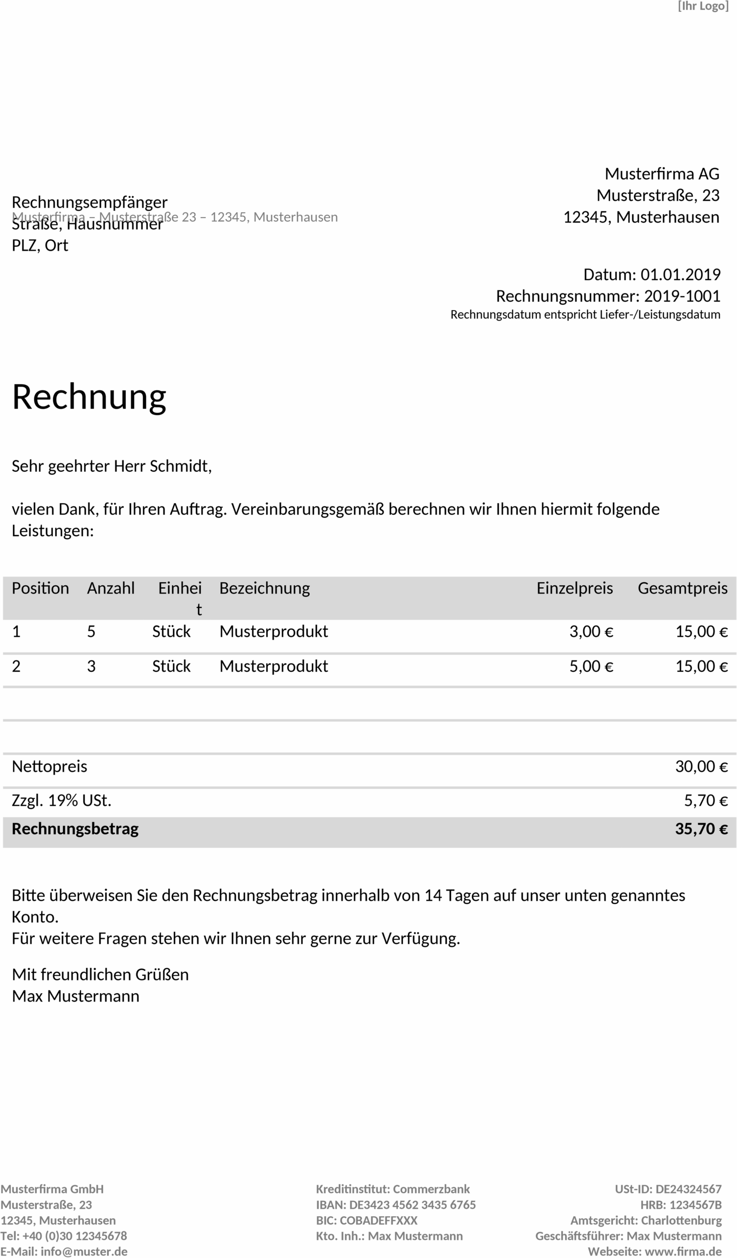Rechnungsvorlage für Word