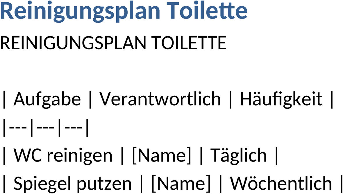 Word-Dokument: Reinigungsplan für Toiletten