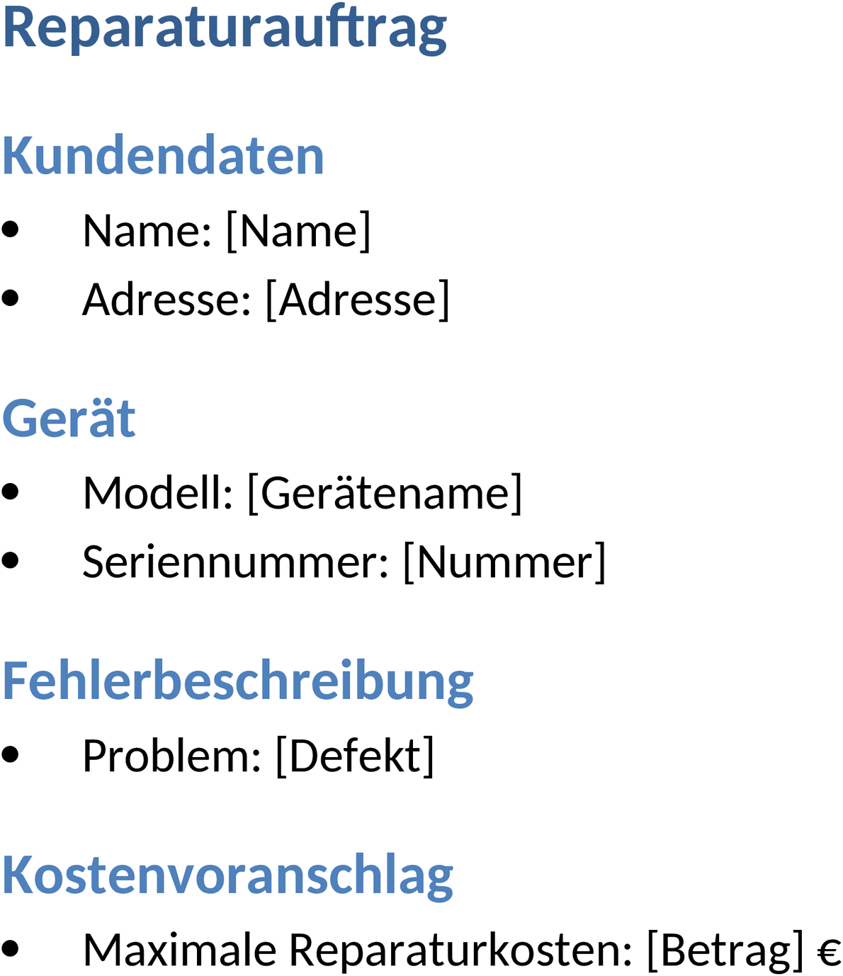 Reparaturauftrag-Formular als Word-Dokument