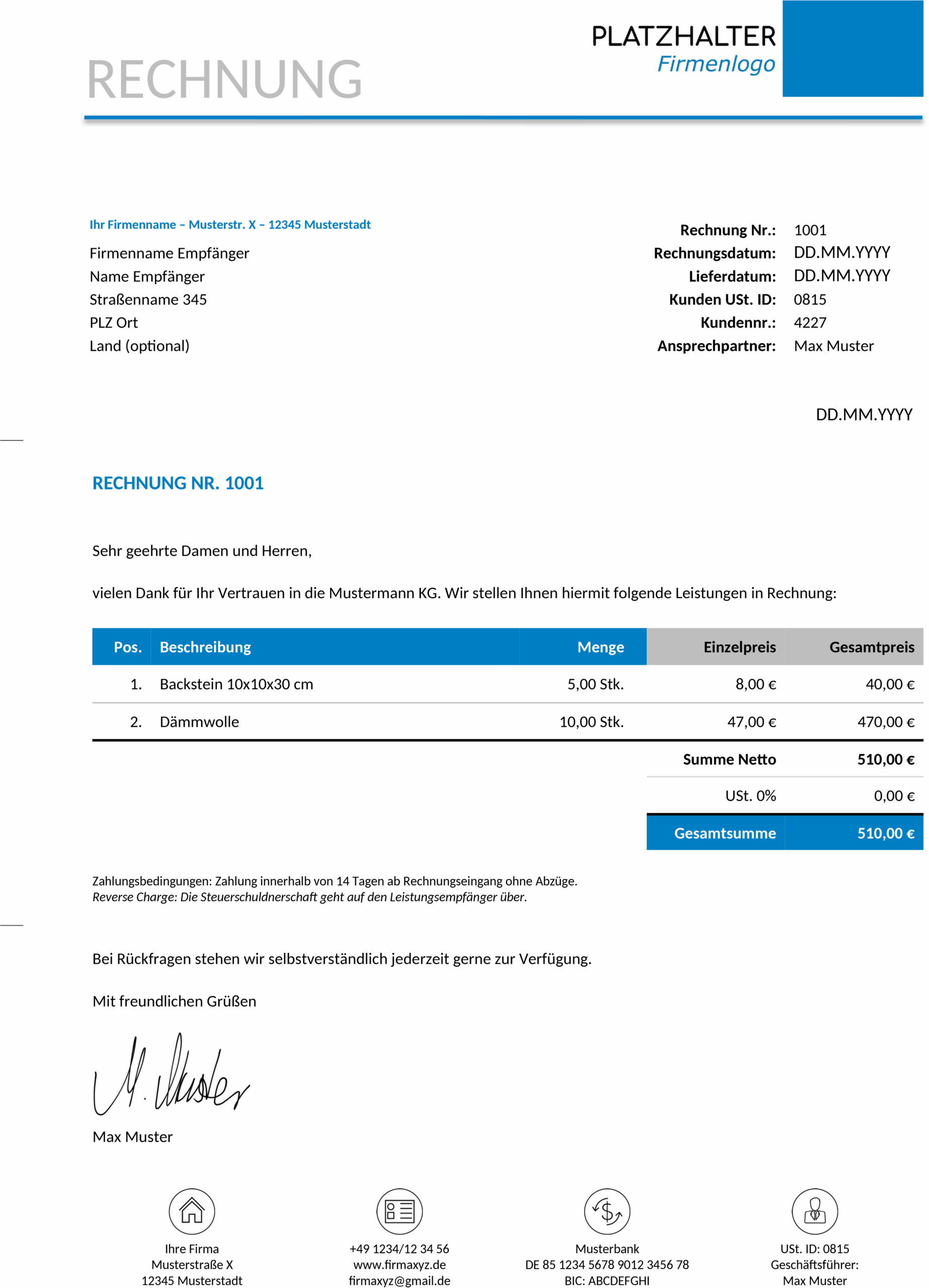 Reverse-Charge-Rechnung Word-Vorlage