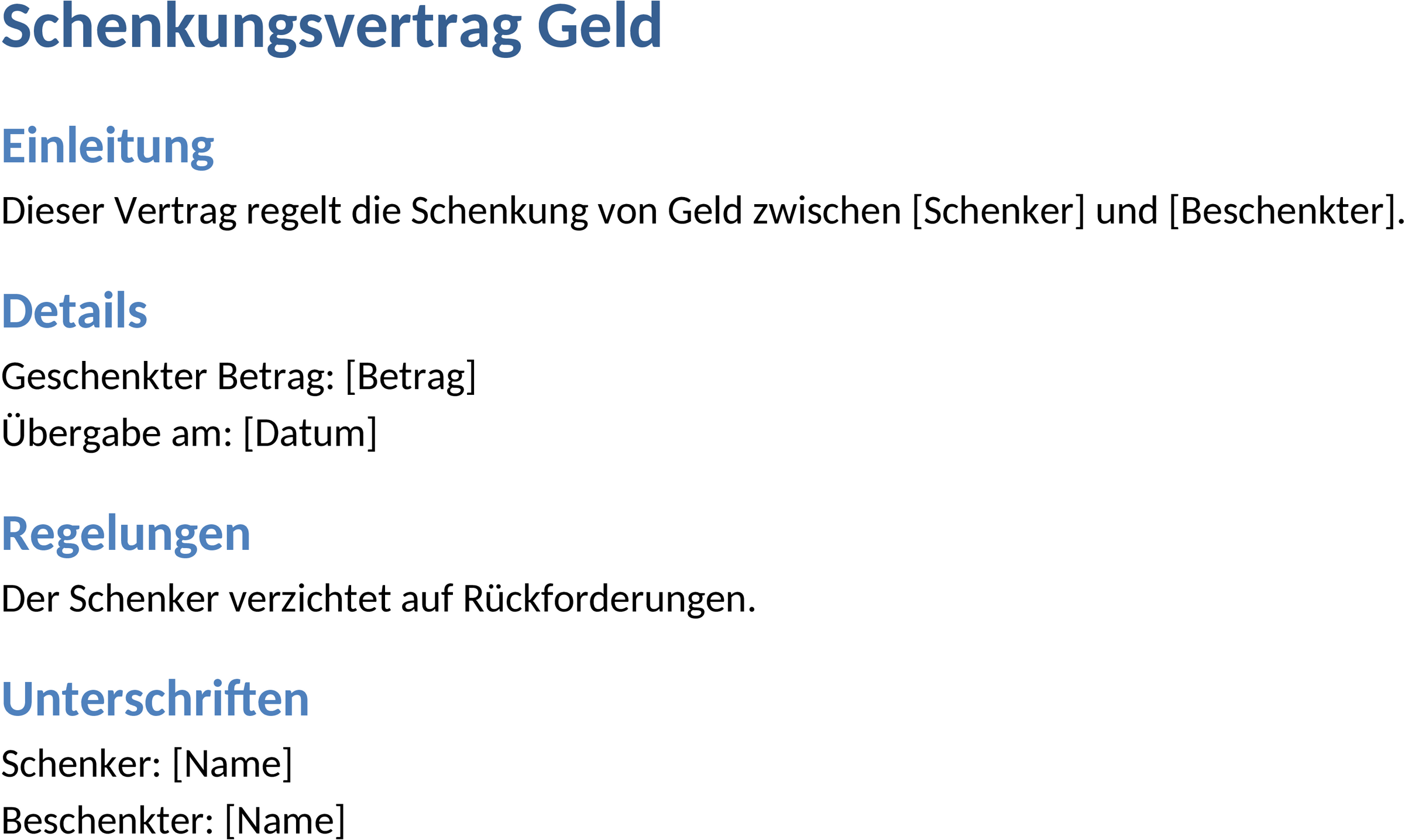 Schenkungsvertrag für Geld als Word-Datei