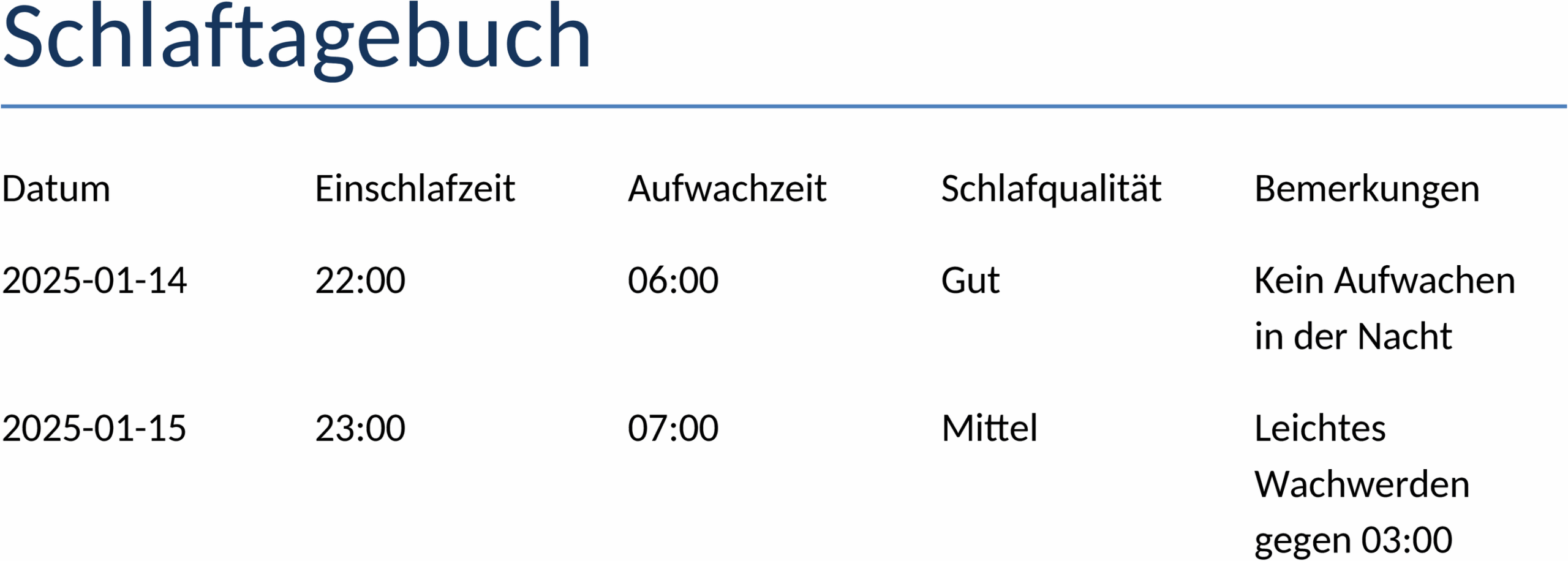 Schlaftagebuch Word Vorlage