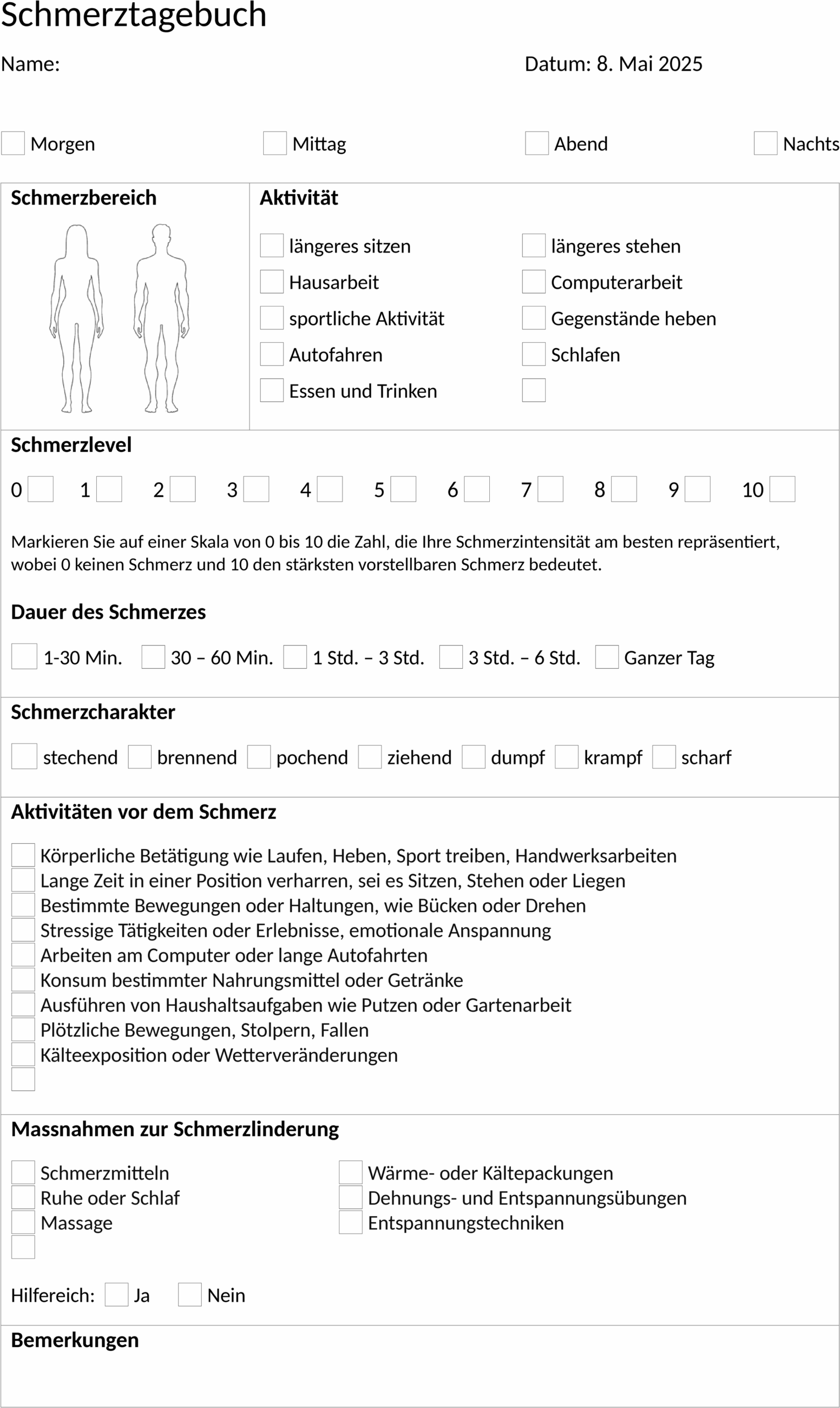Schmerztagebuch-Vorlage