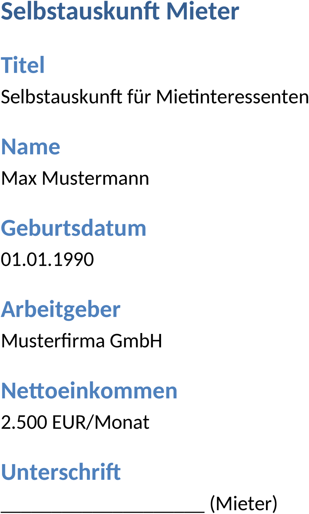Selbstauskunft Mieter Word-Vorlage