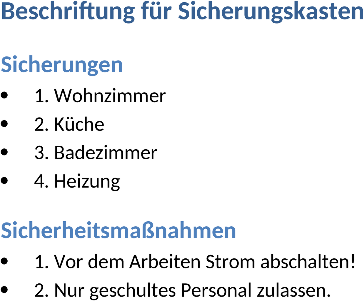 Sicherungskasten Beschriftungsvorlage Word