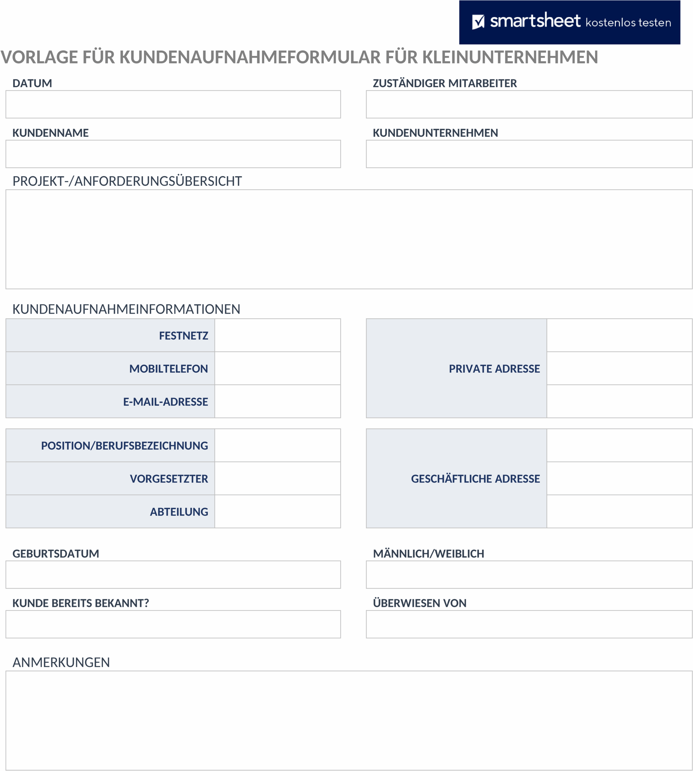 Small Business Kundenaufnahmeformular