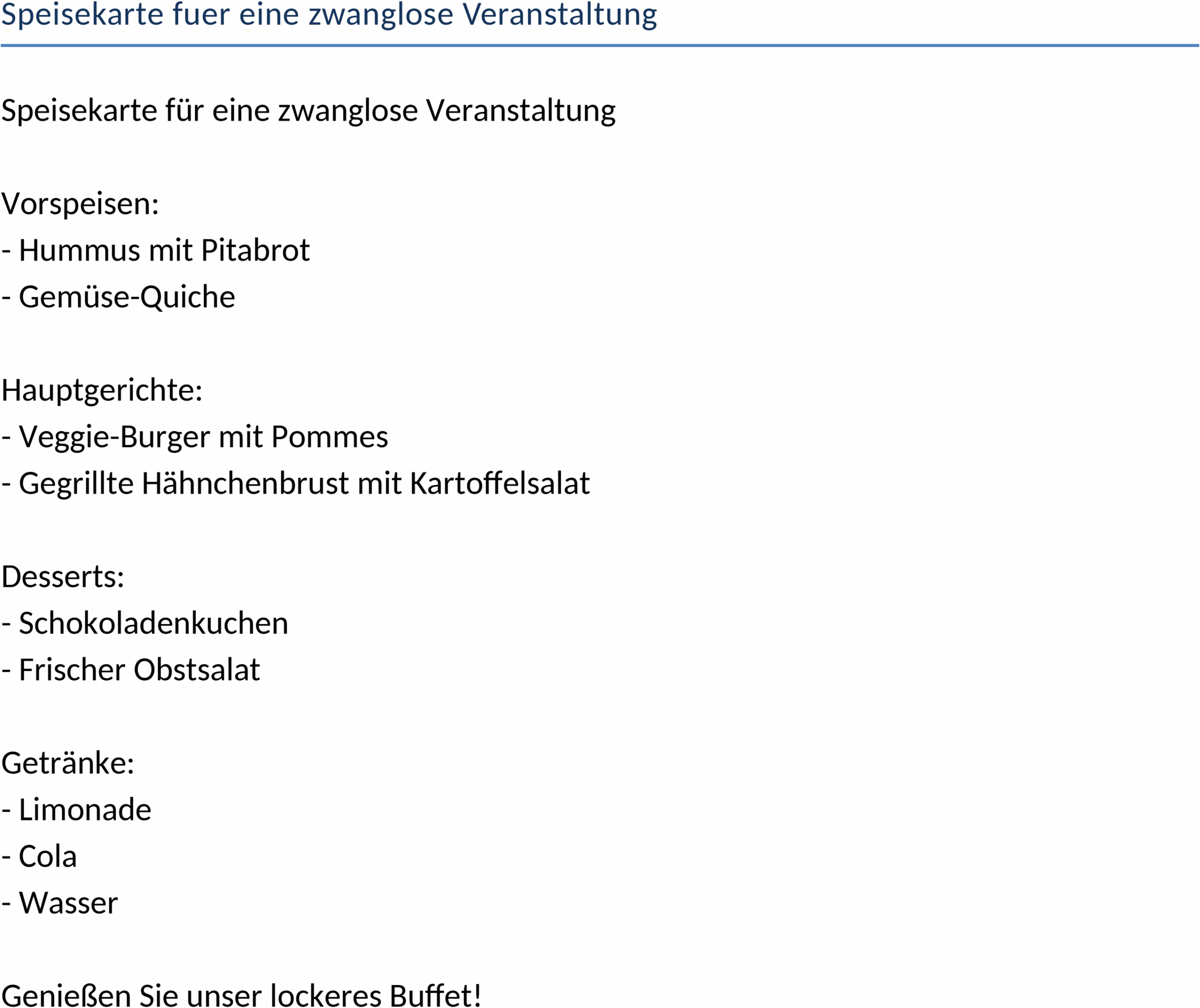 Word-Vorlage Speisekarte für zwanglose Veranstaltung