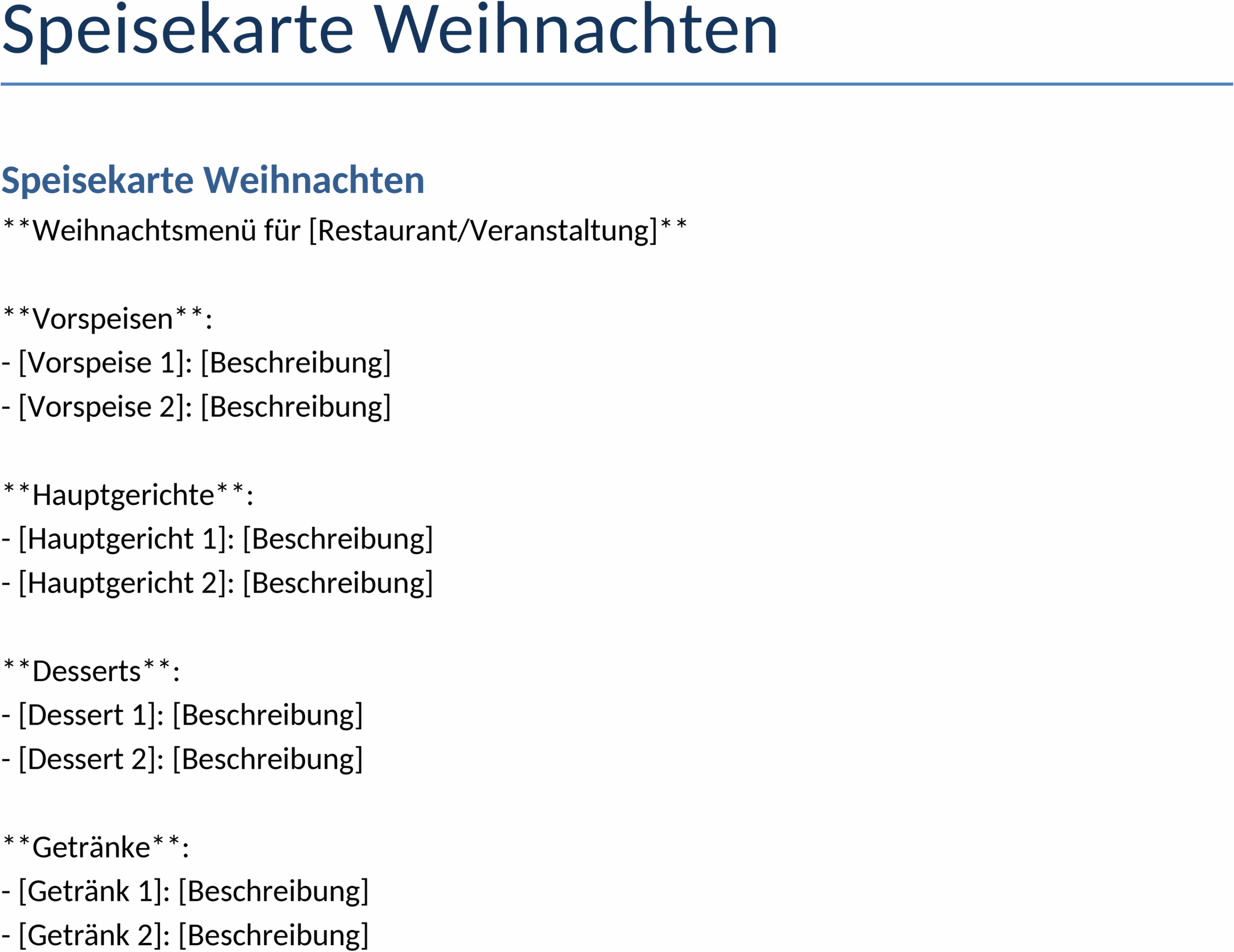 Speisekarte Weihnachten