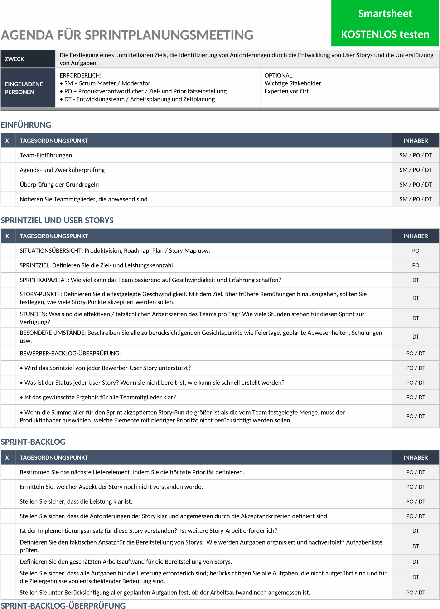Sprint-Planungs-Meeting-Agenda im Word-Format