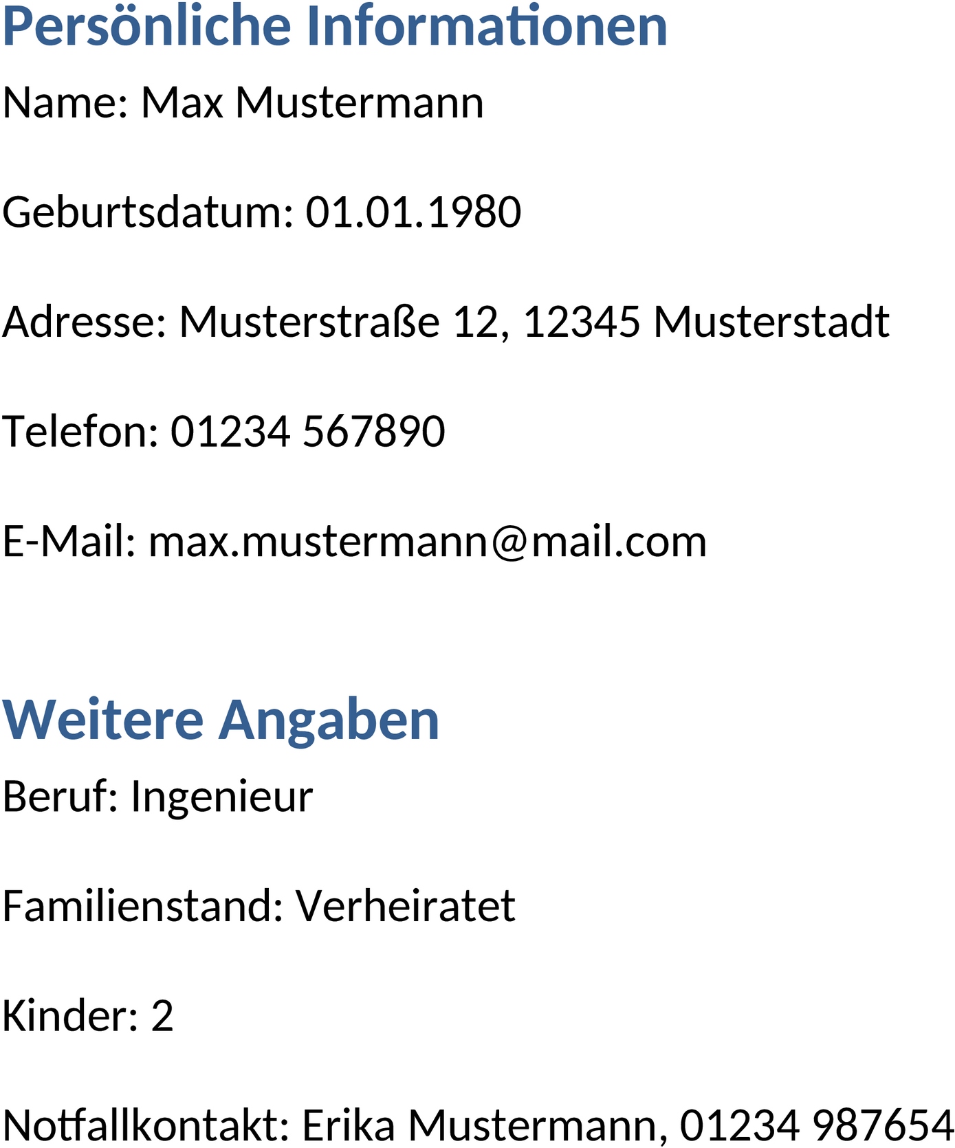 Stammdatenblatt Word-Dokument für Geschäftsvorlagen