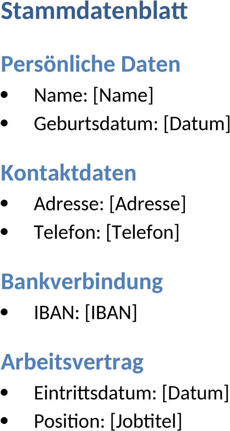 Stammdatenblatt Word-Dokument