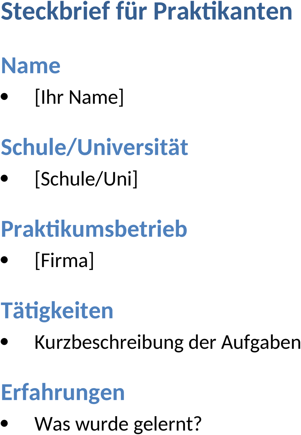 Steckbrief-Vorlage für Praktikum