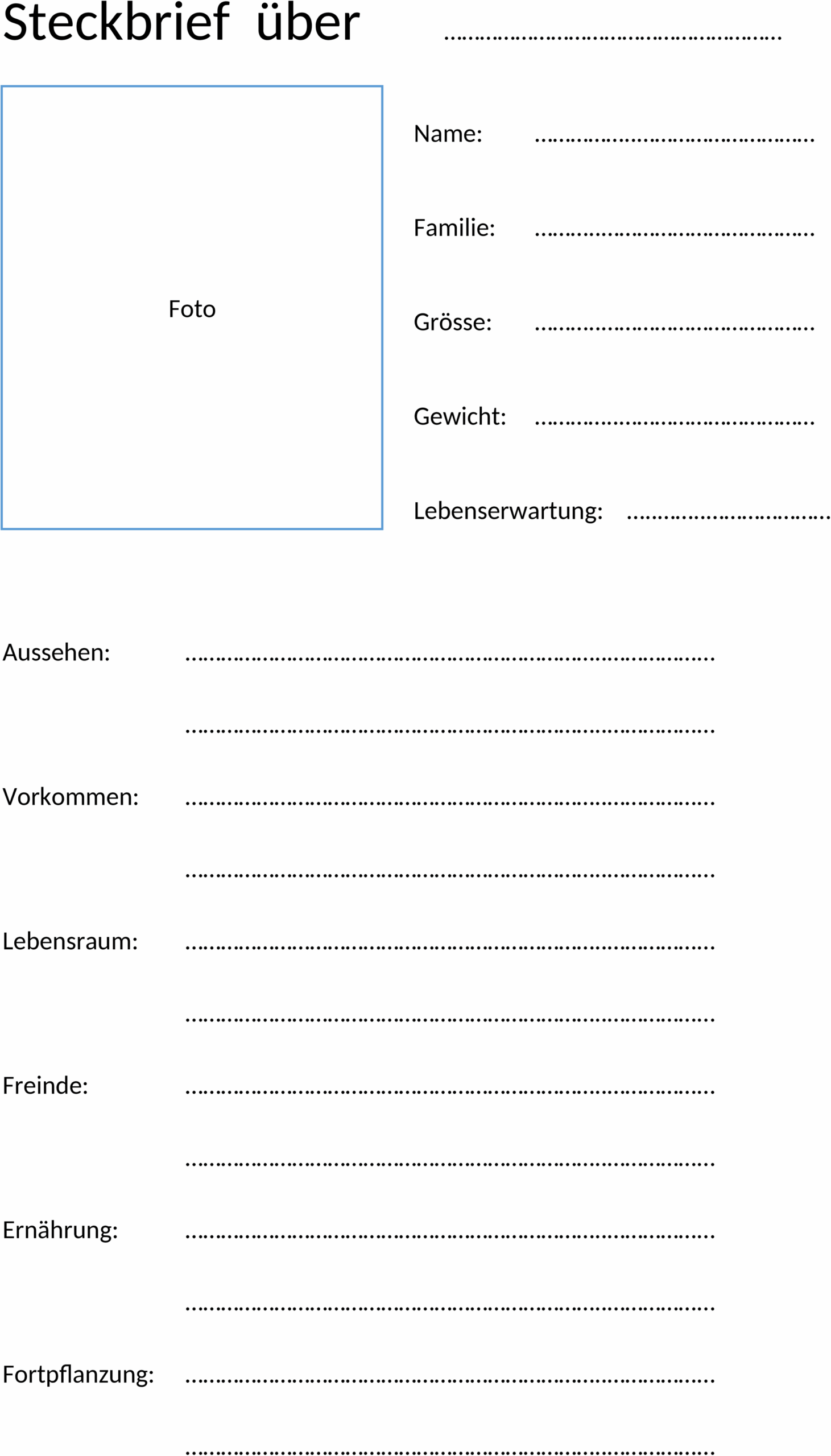 Steckbrief Vorlage Tier