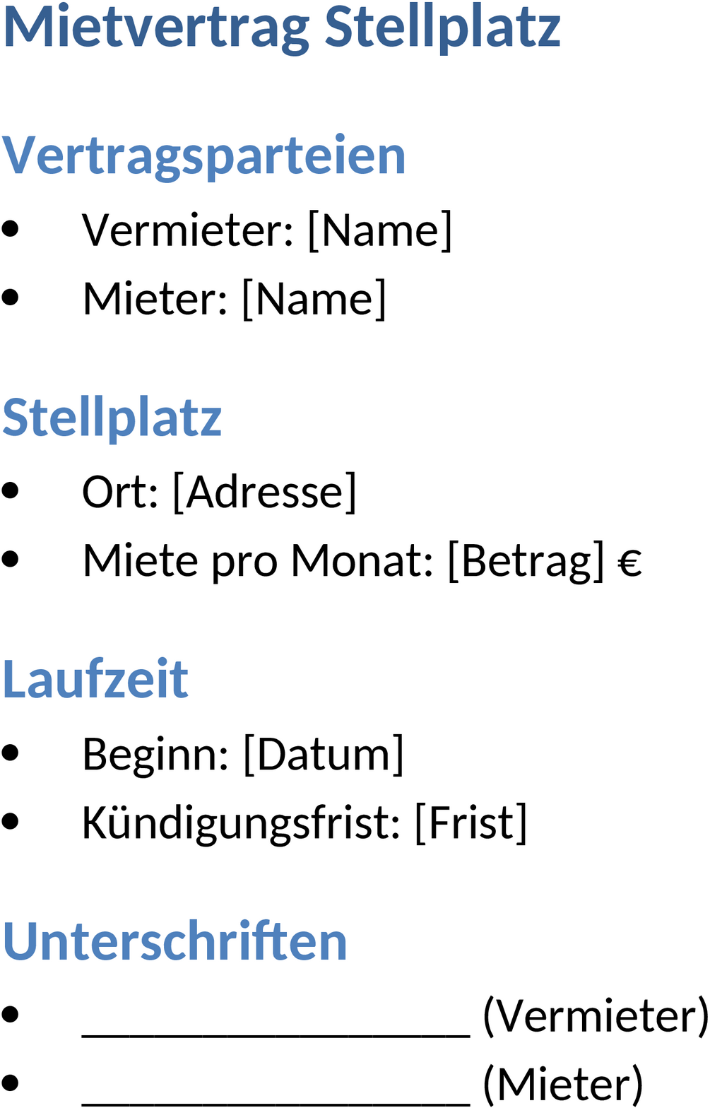 Stellplatz Mietvertrag Word Vorlage