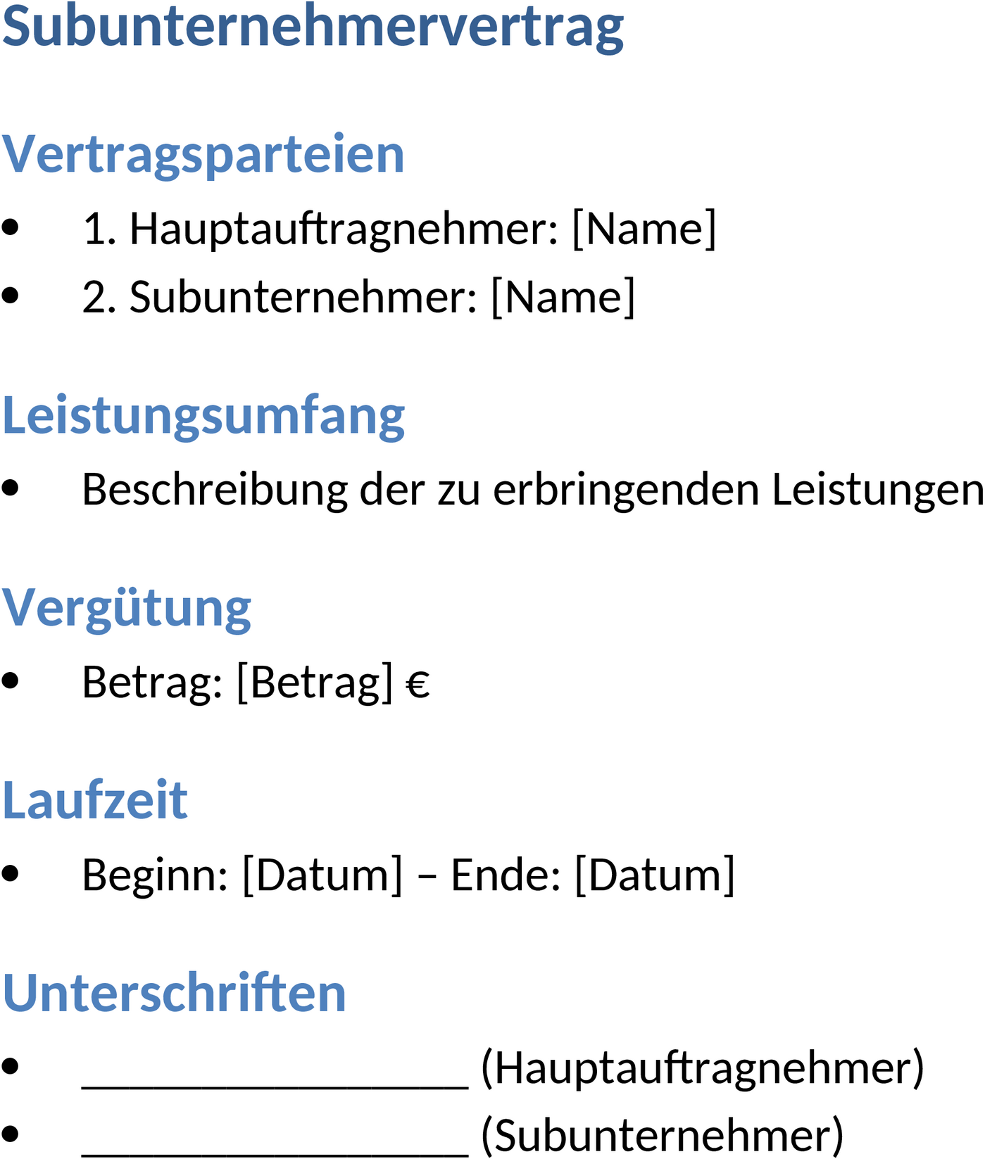 Subunternehmervertrag Word-Datei