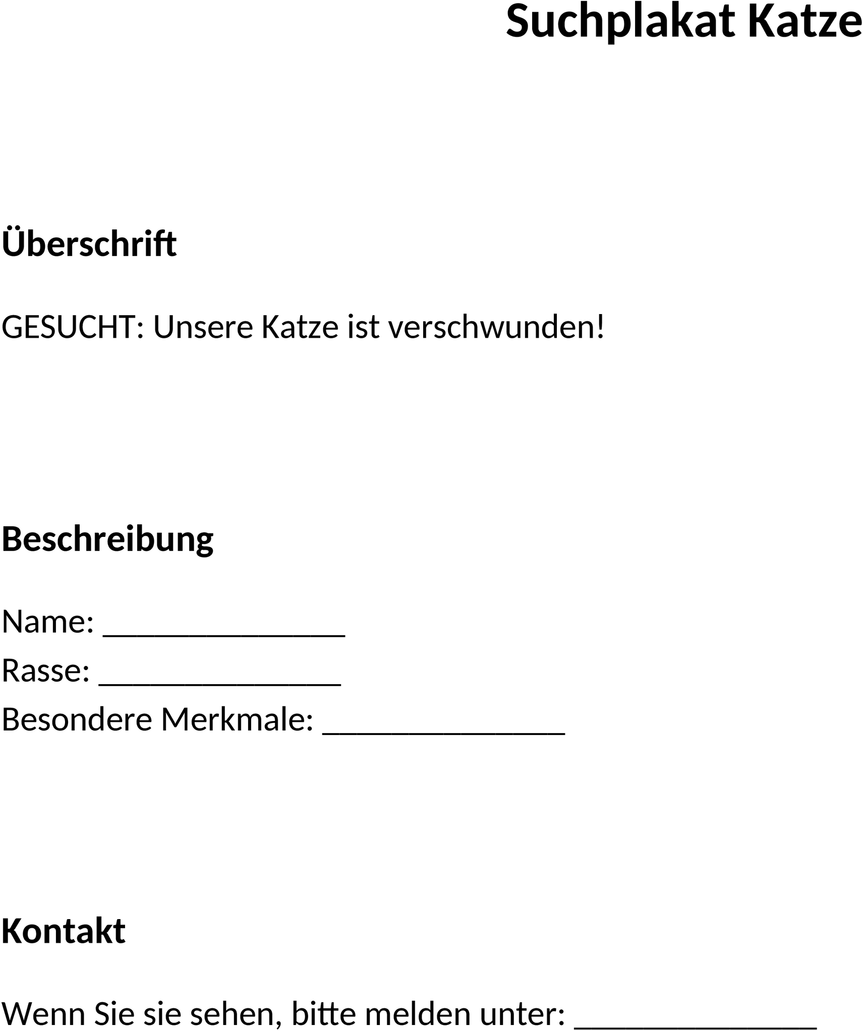 Suchplakat Katze - DOCX Vorlage