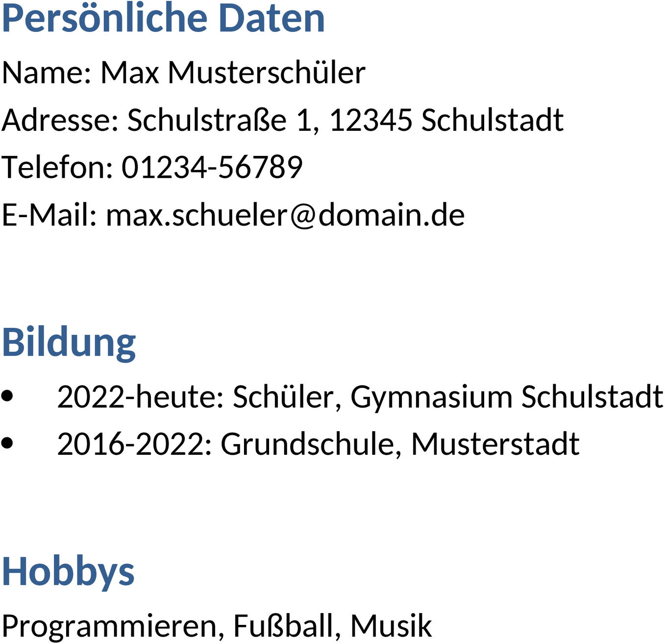 Tabellarischer Lebenslauf Schüler