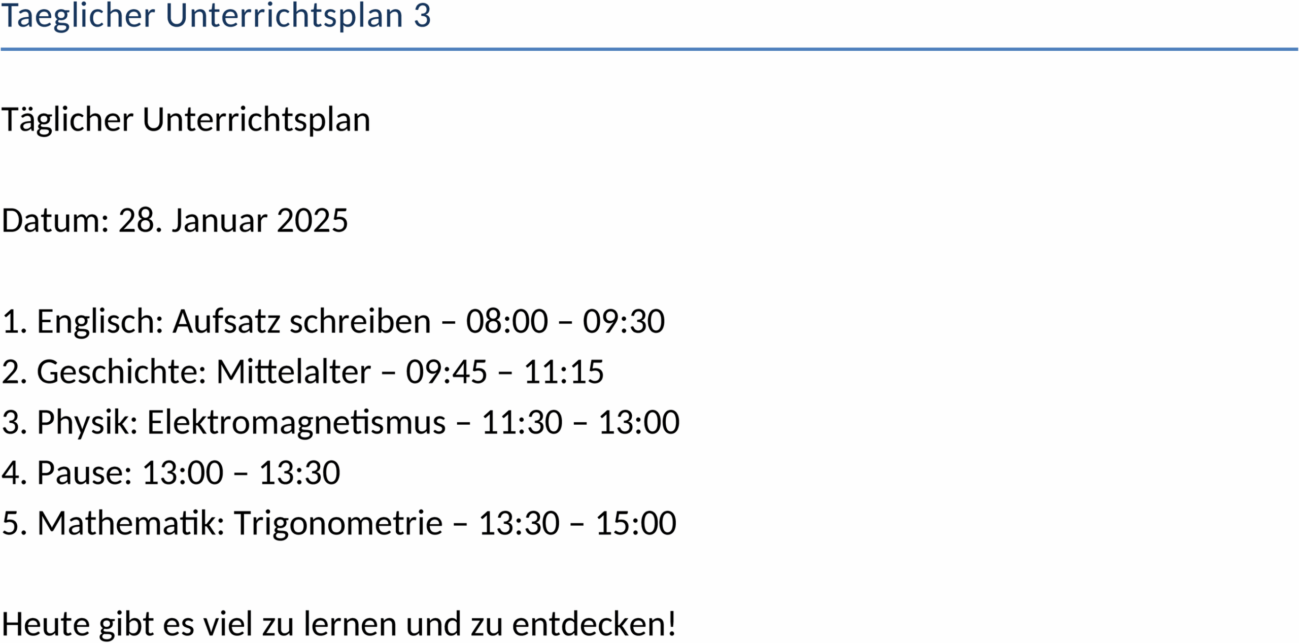 Taeglicher Unterrichtsplan fuer strukturierte Lehrtage