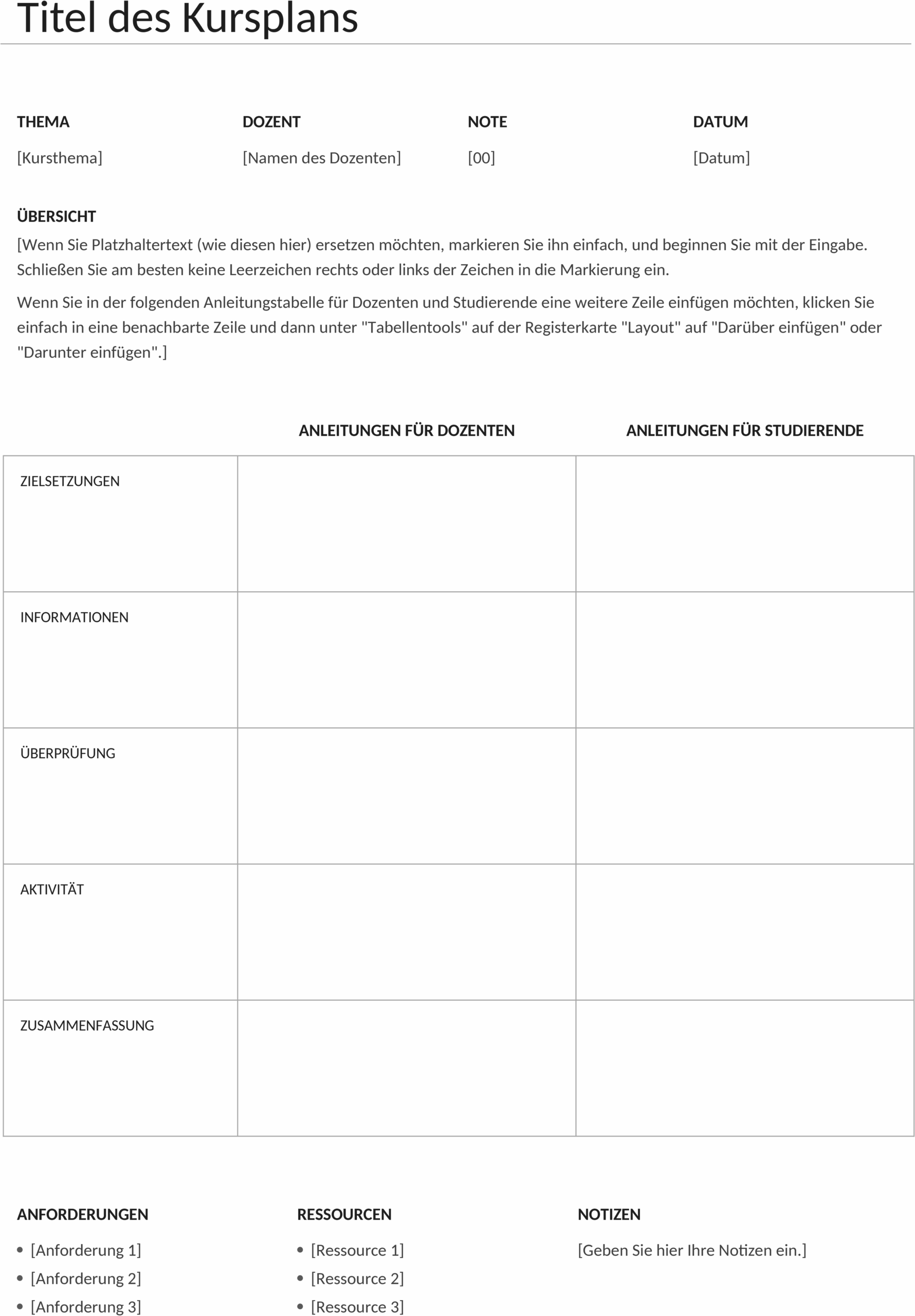 Word-Vorlage für Täglicher Unterrichtsplan