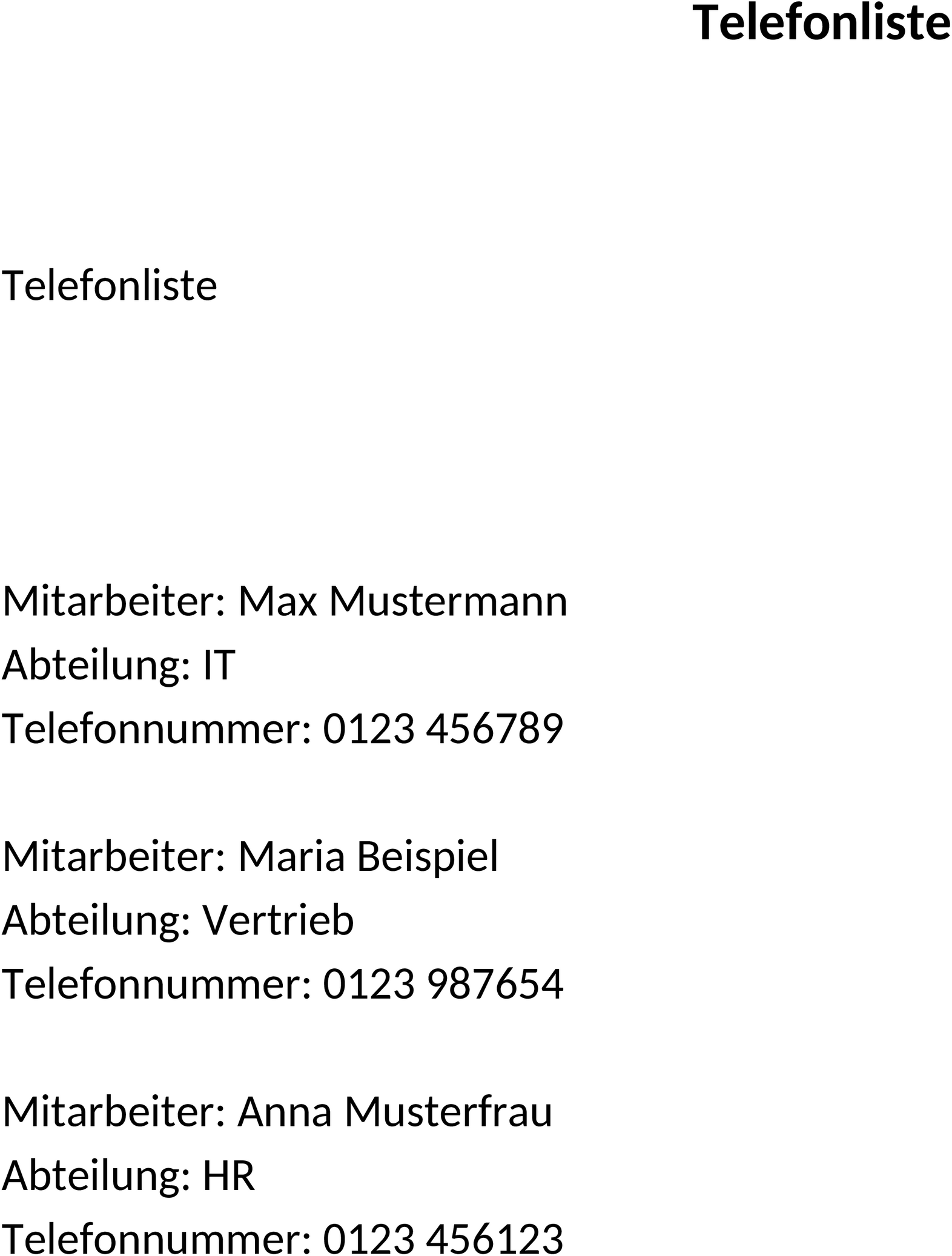 Telefonliste Word-Vorlage