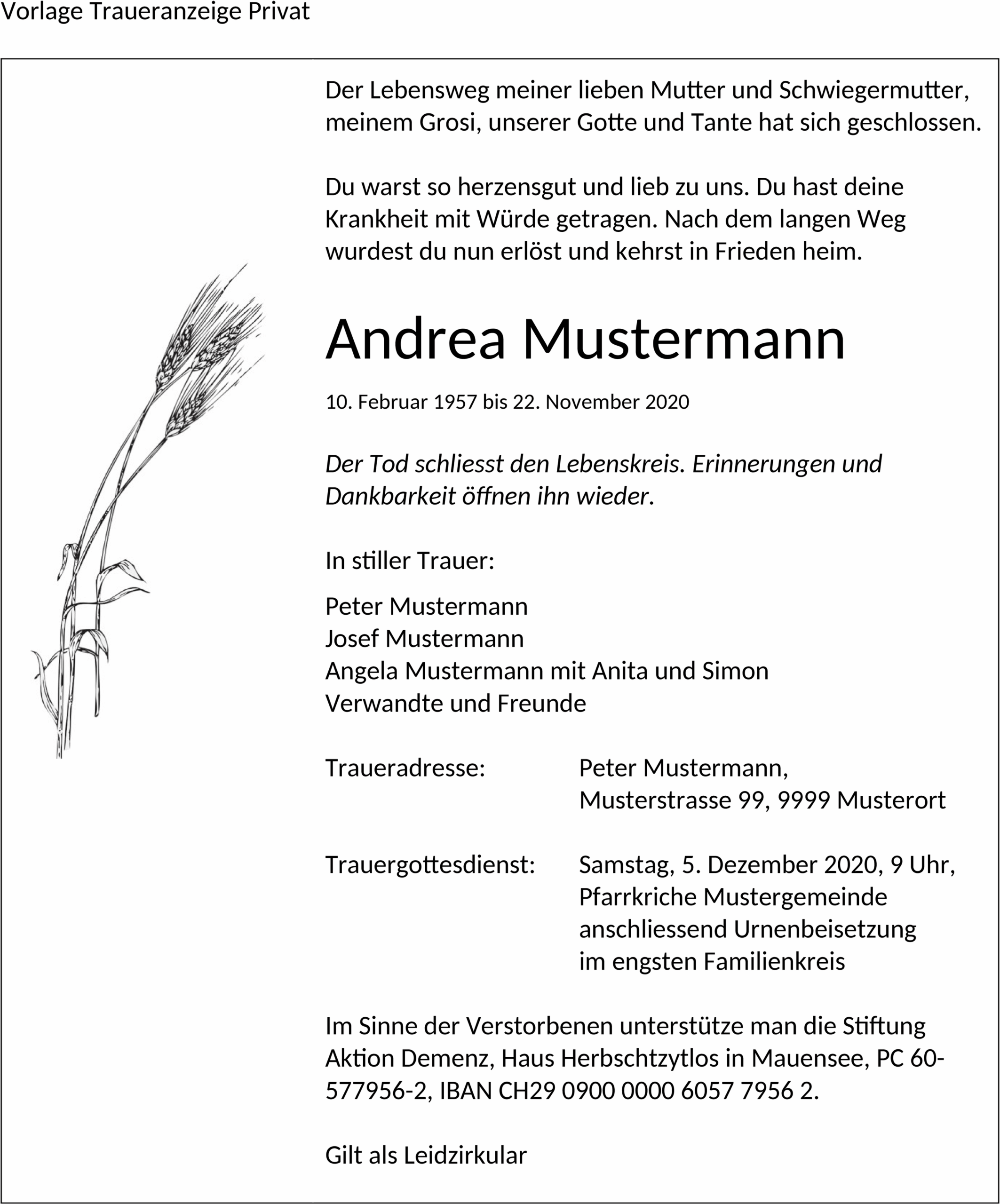 Traueranzeige Word-Vorlage Privat