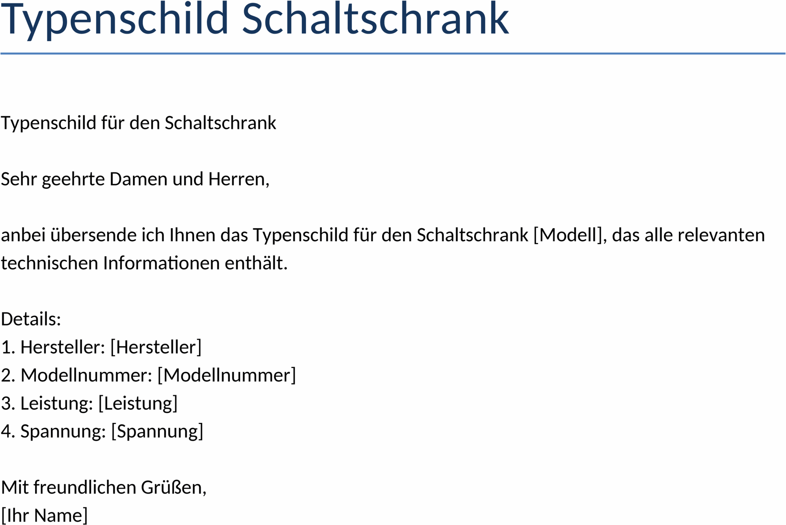 Typenschild für Schaltschrank Word