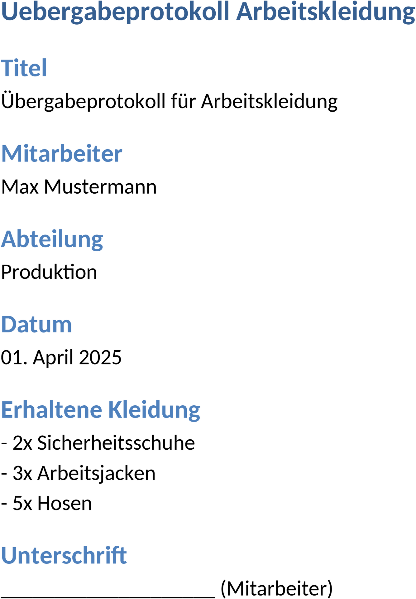 Uebergabeprotokoll Arbeitskleidung Word Vorlage