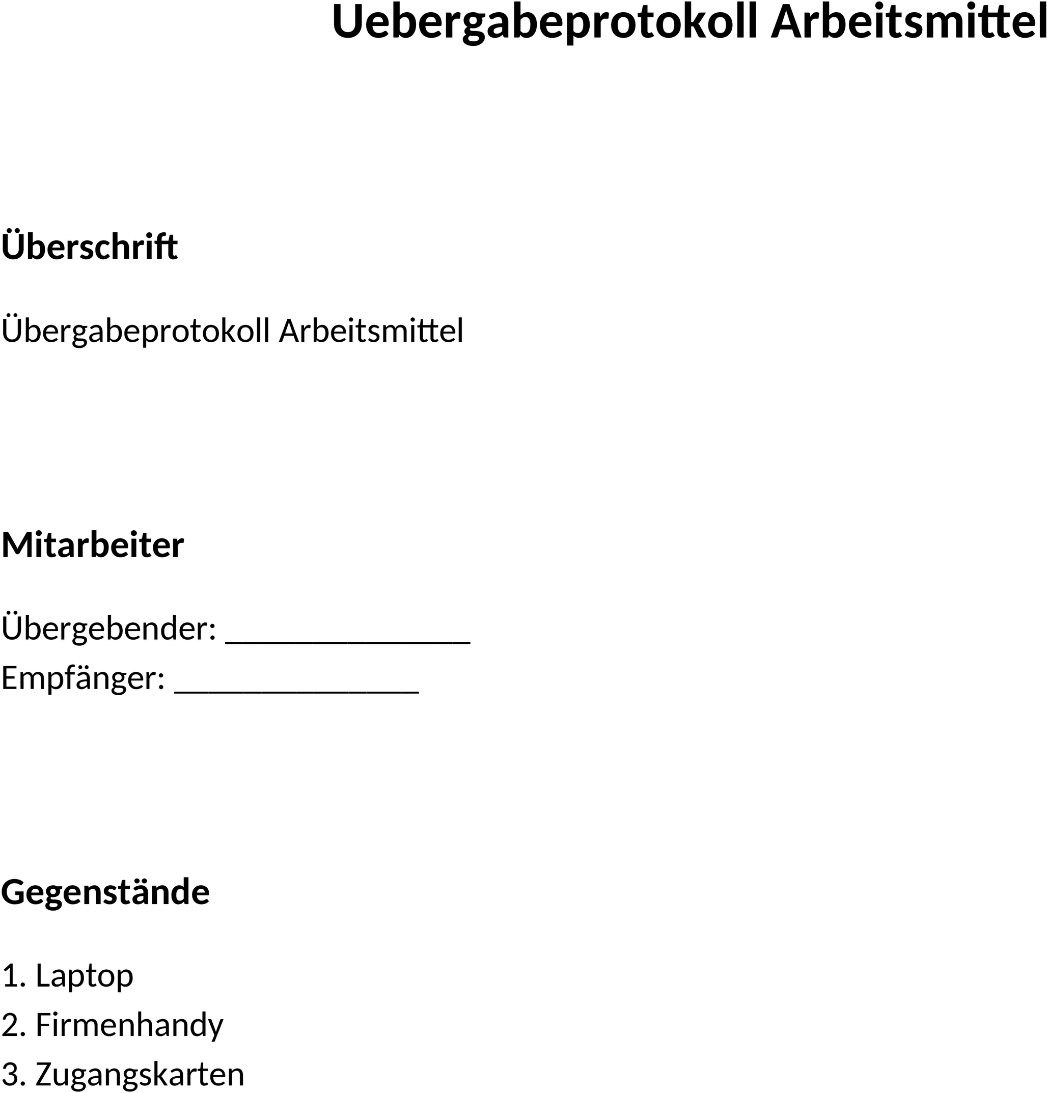 Übergabeprotokoll für Arbeitsmittel im Word-Format