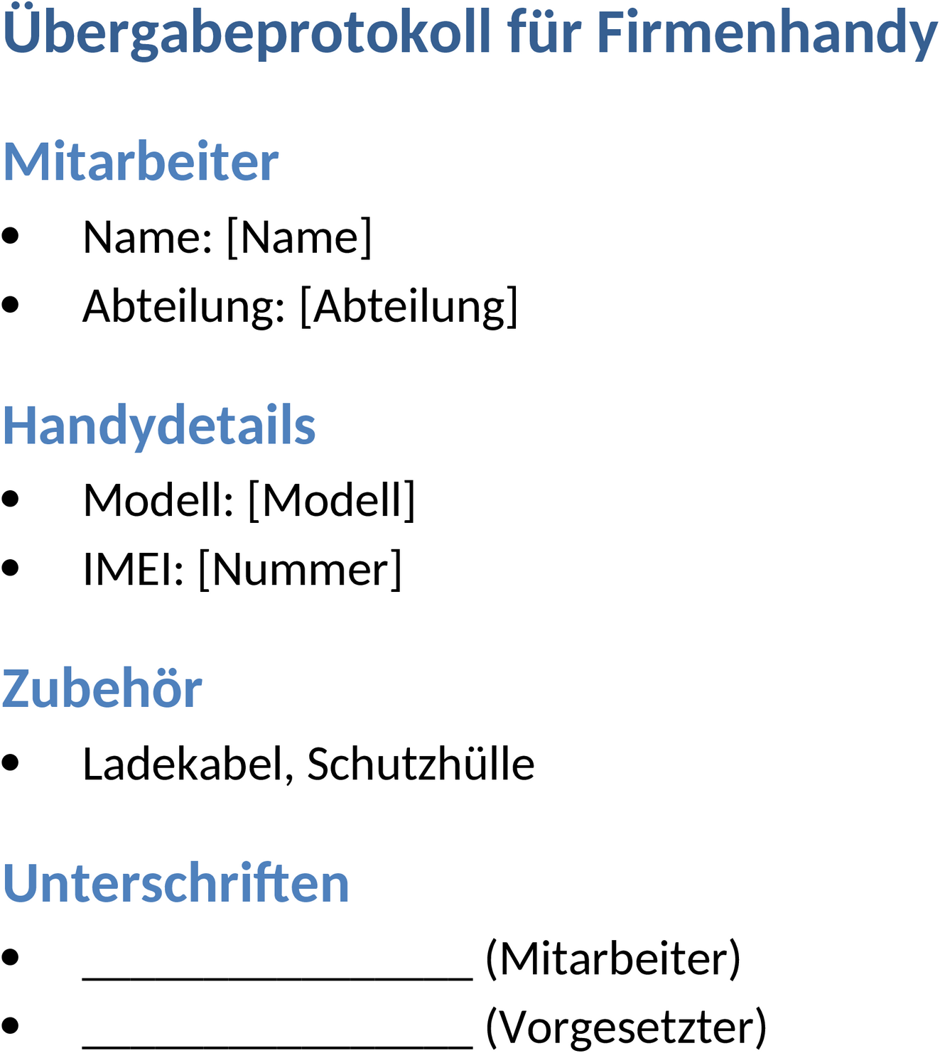 Uebergabeprotokoll für Mobiltelefone