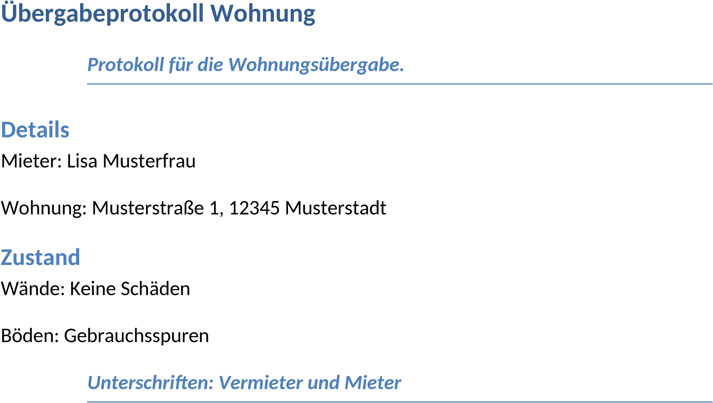 Uebergabeprotokoll für Wohnungen im Word-Format
