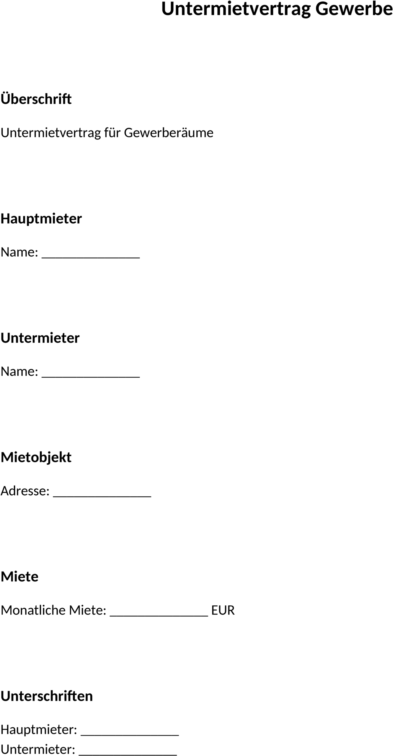 Untermietvertrag Gewerbe Word-Datei