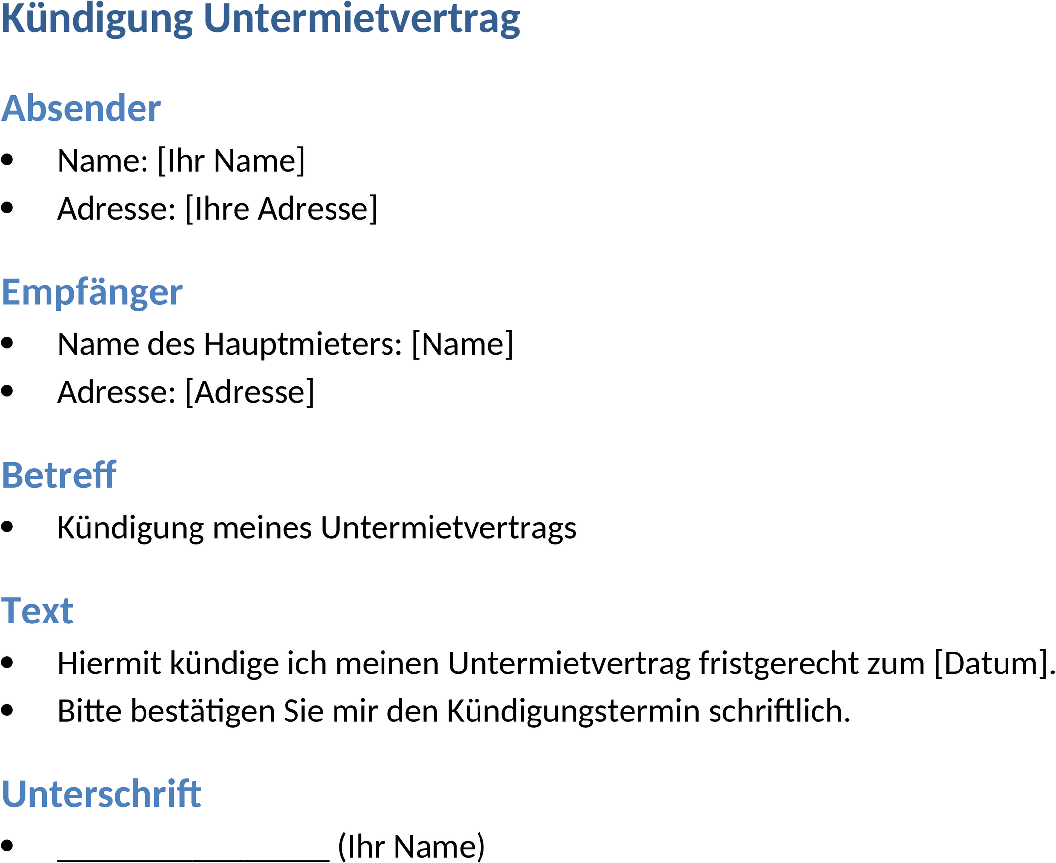 Untermietvertrag Kündigung Word-Dokument