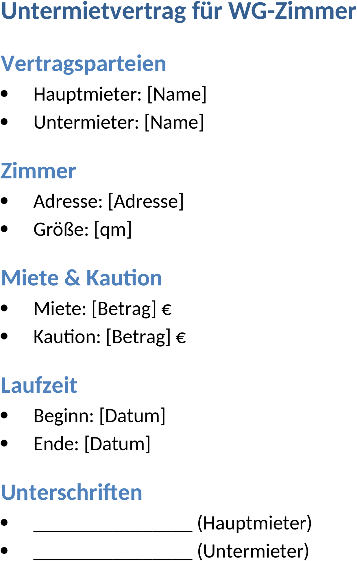 Untermietvertrag WG-Zimmer Word-Dokument