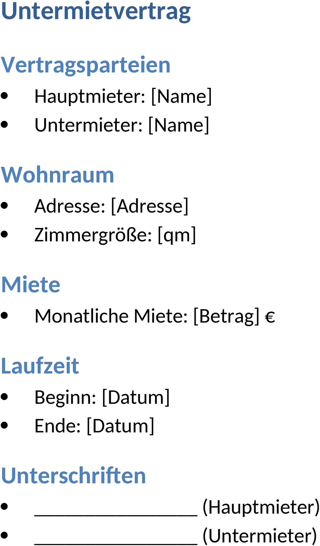 Untermietvertrag Word-Vorlage