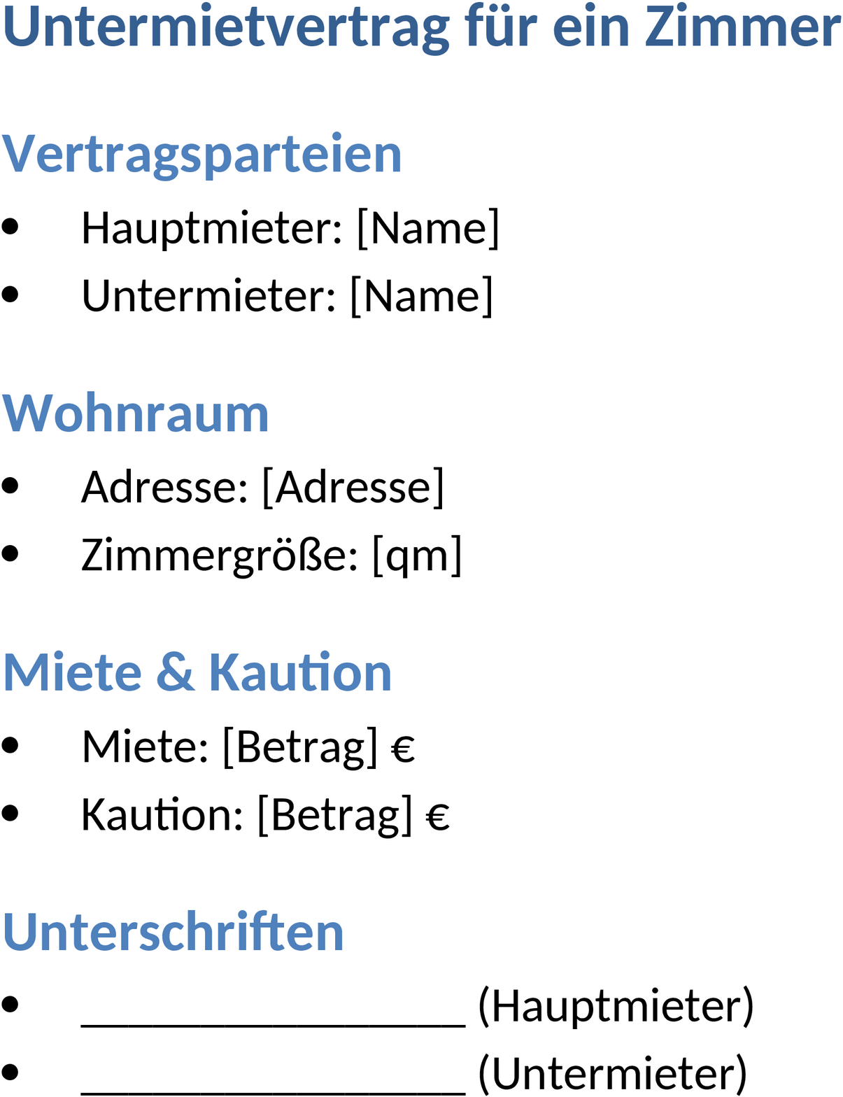 Untermietvertrag Zimmer Word-Datei
