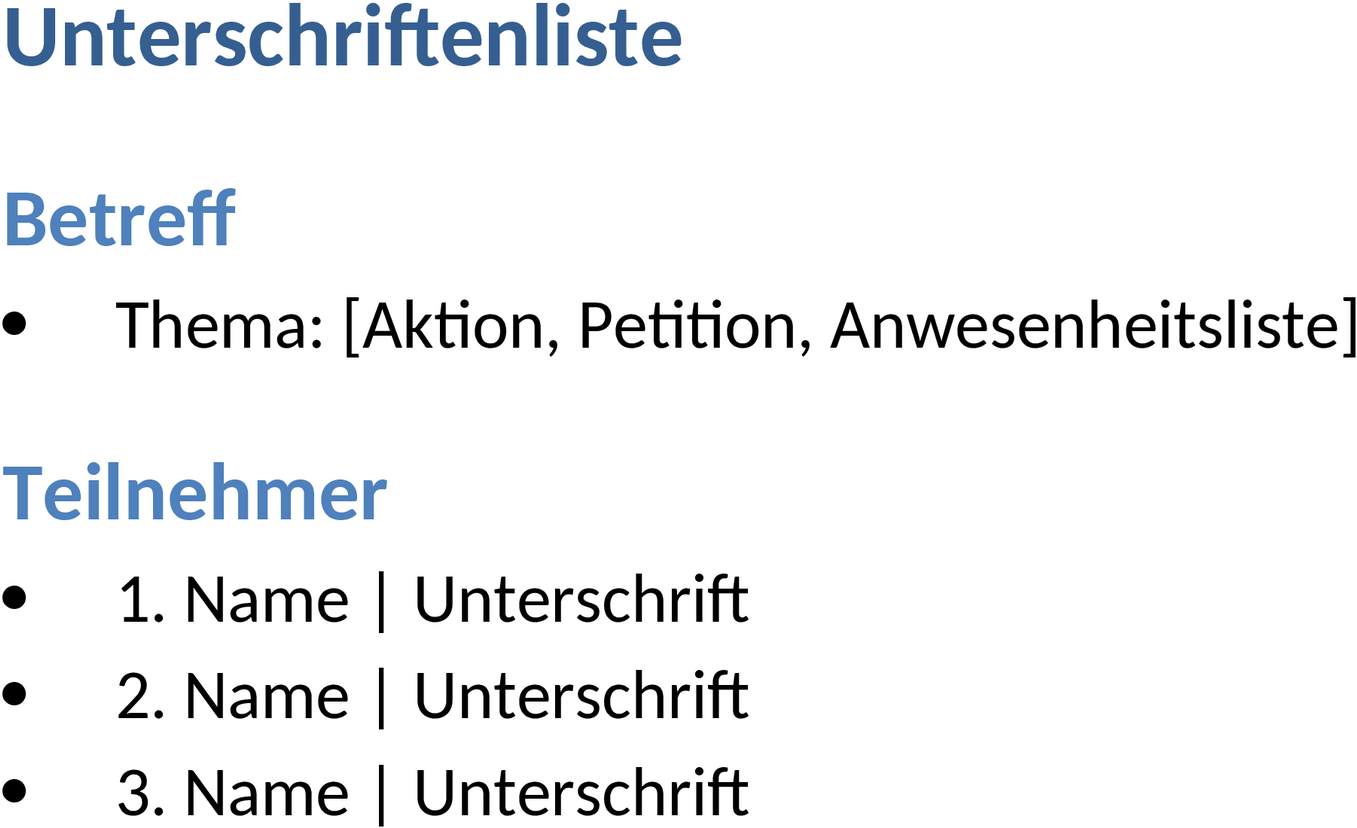Unterschriftenliste in Word-Format
