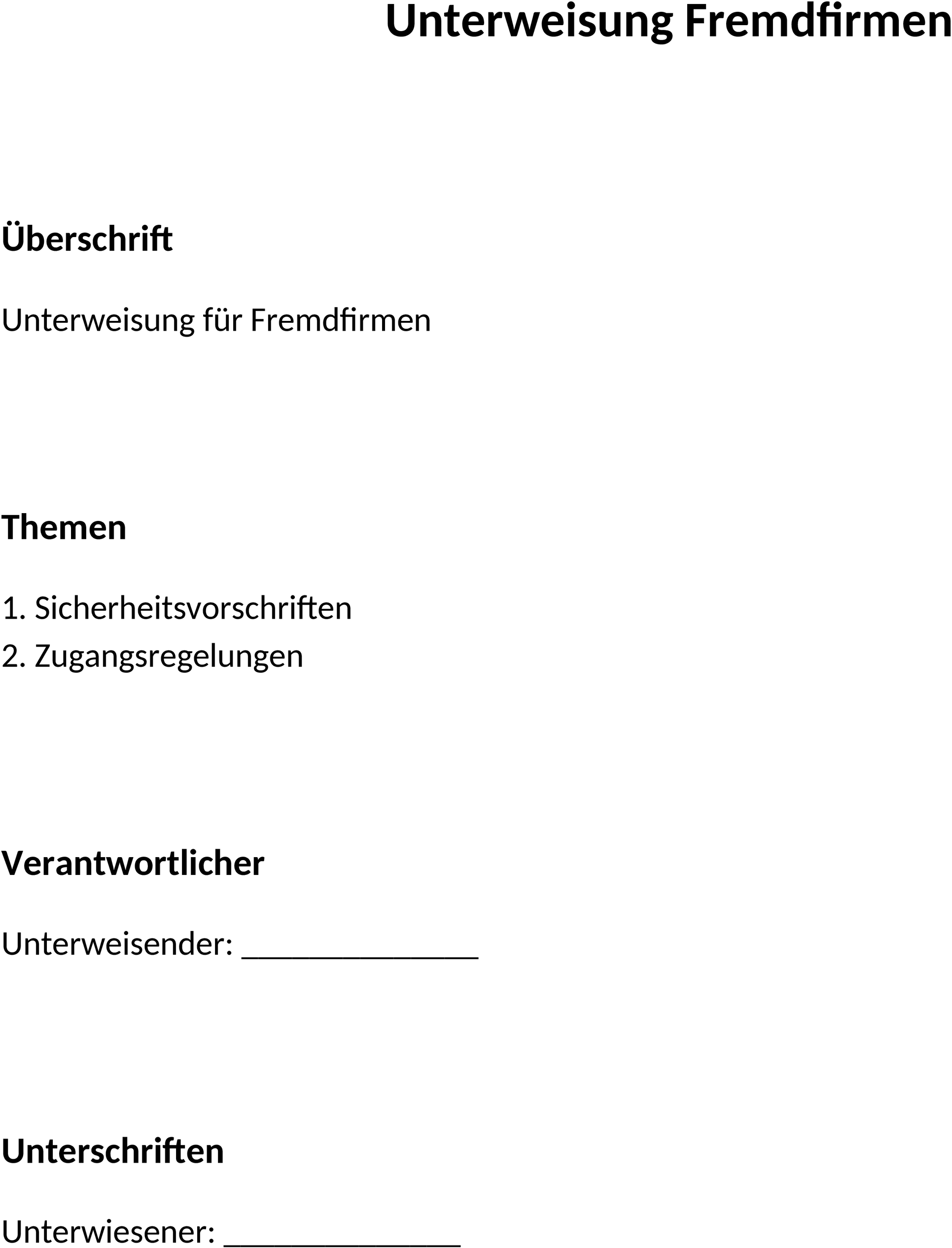 Word-Dokument zur Unterweisung von Fremdfirmen