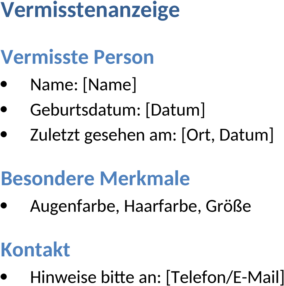 Vermisstenanzeige Word-Vorlage