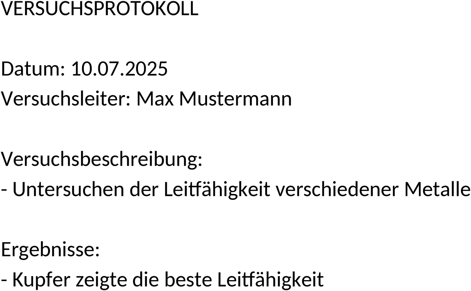 Versuchsprotokoll für Word