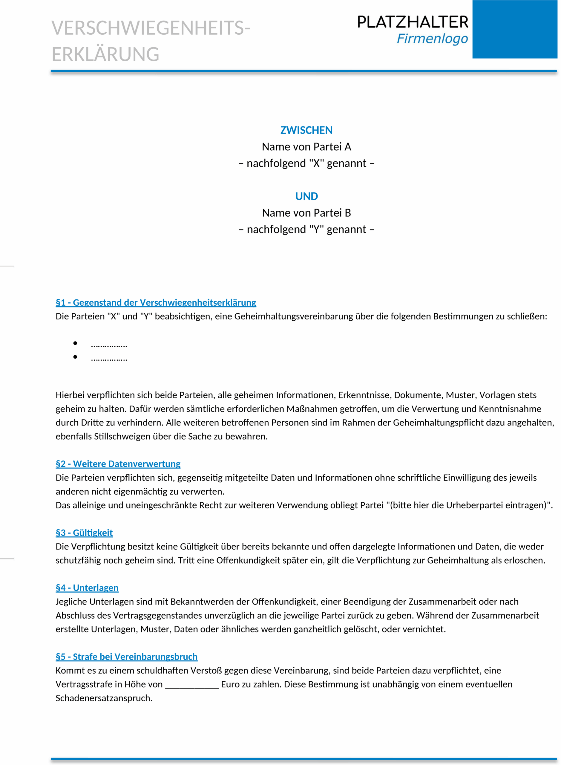 Vertraulichkeitsvereinbarung als Word-Dokument