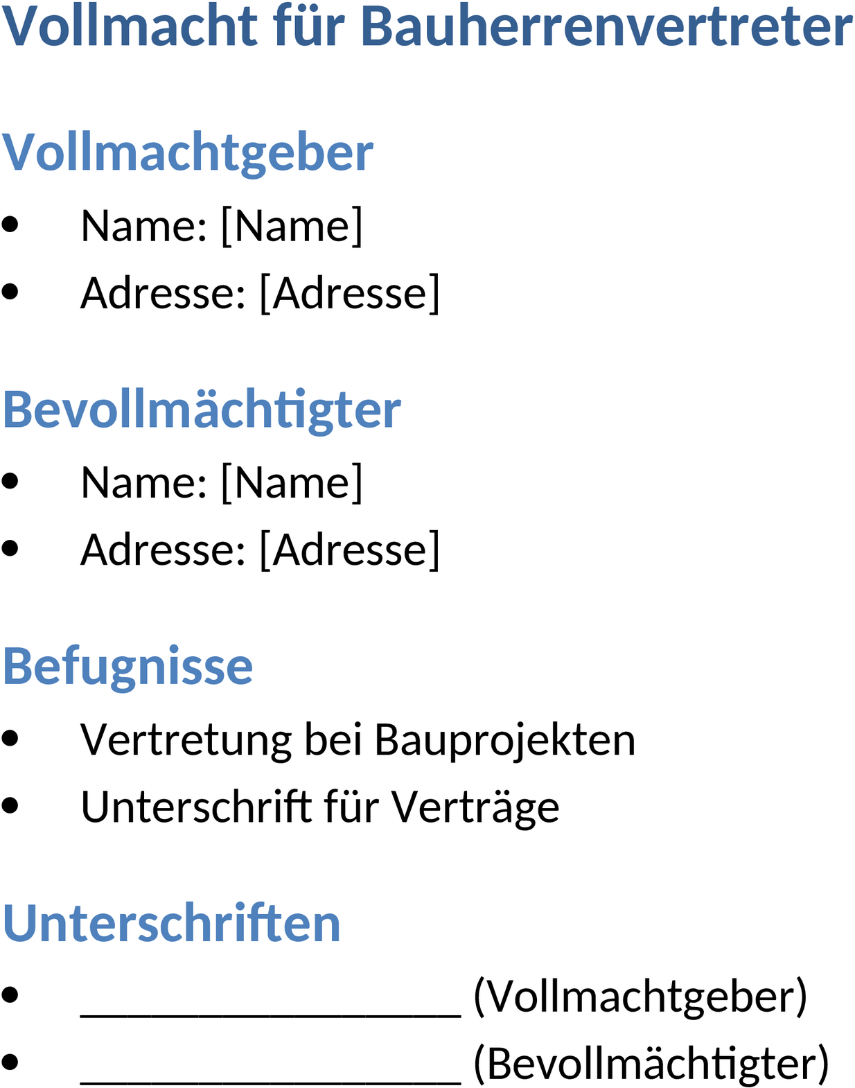 Vollmacht für Bauherrenvertreter Word-Dokument