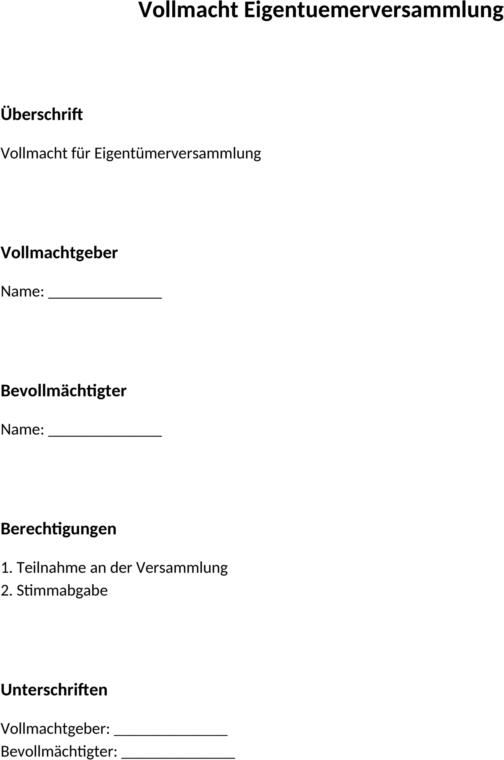 Vollmacht für Eigentümerversammlung als Word-Datei