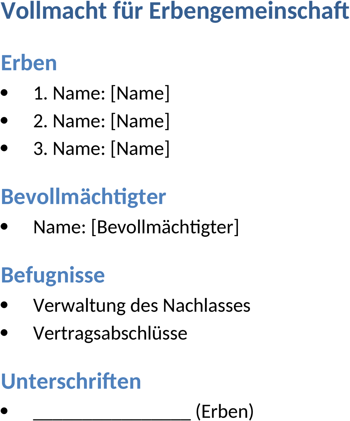 Vollmacht für Erbengemeinschaft Word-Dokument