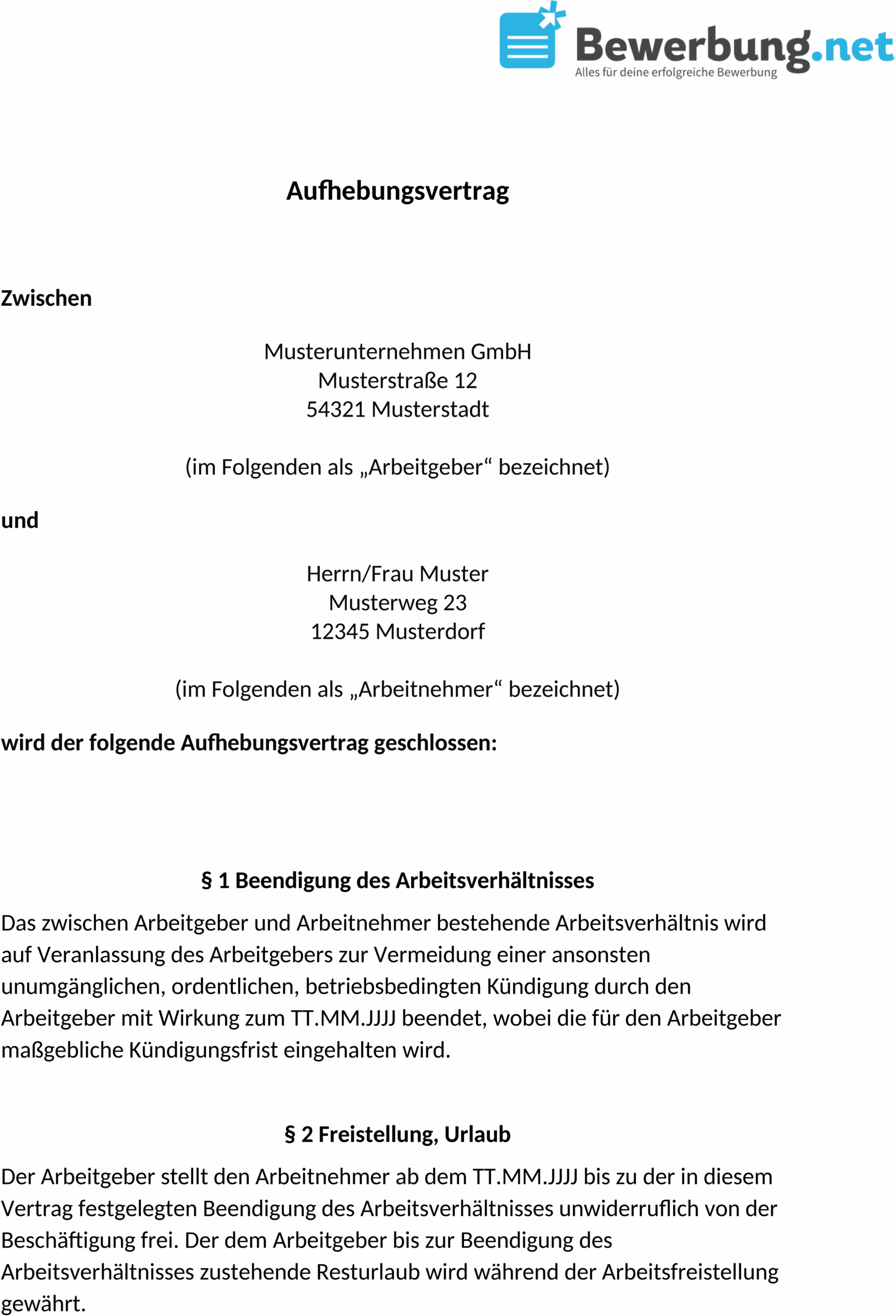 Word Vorlage Aufhebungsvertrag