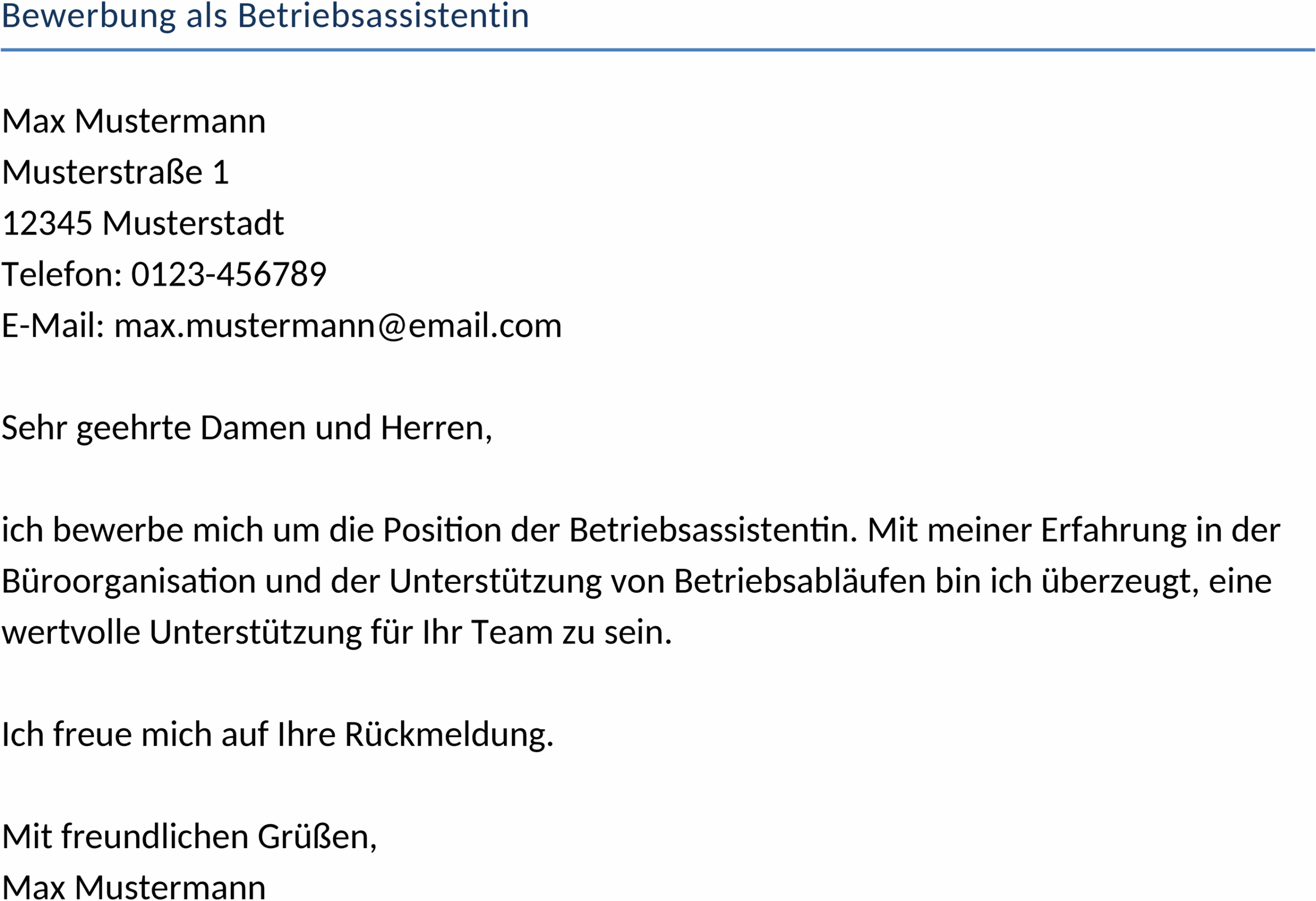 Vorlage für Bewerbung als Betriebsassistentin