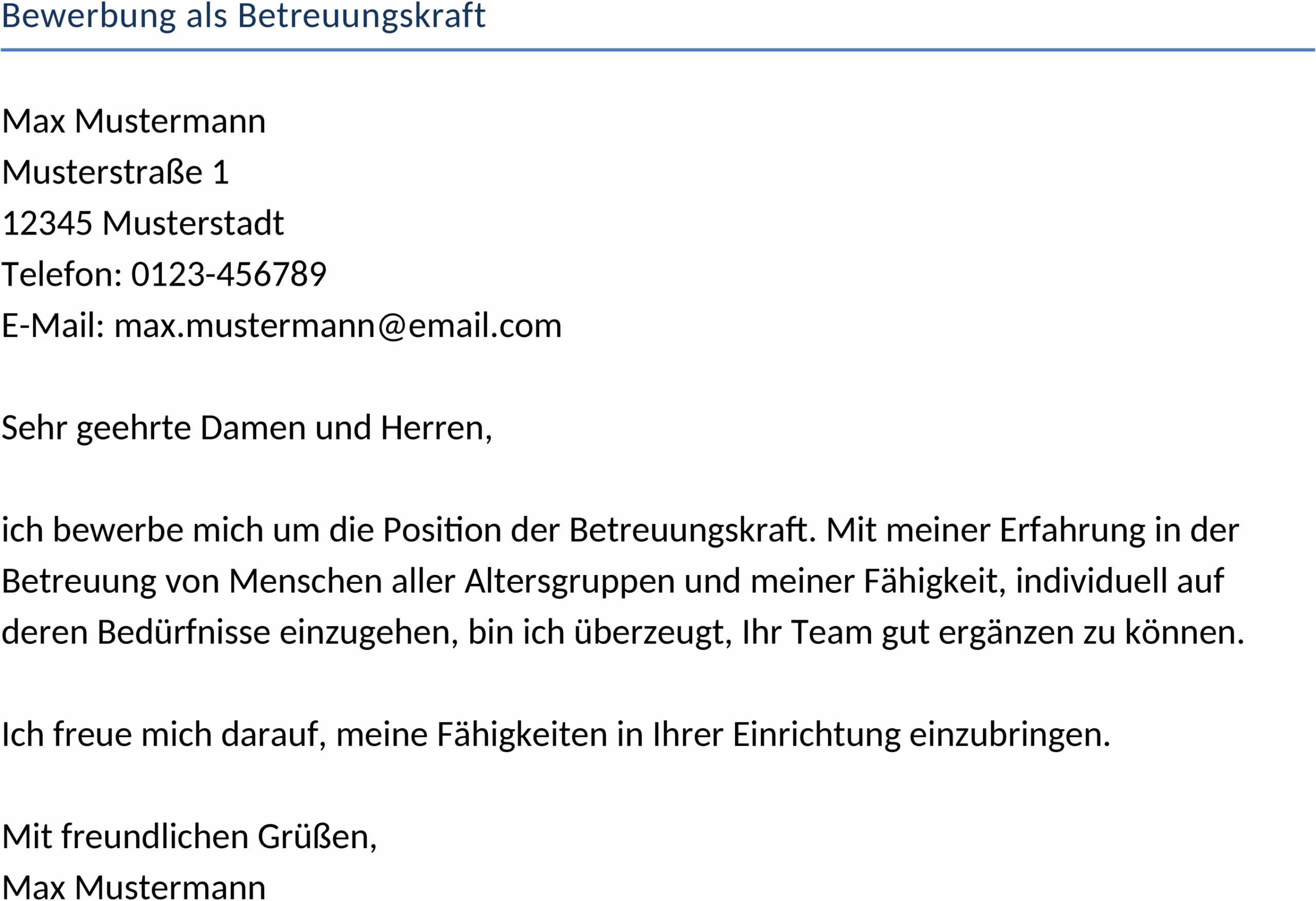 Vorlage für Bewerbungen als Betreuungskraft: Word-Datei