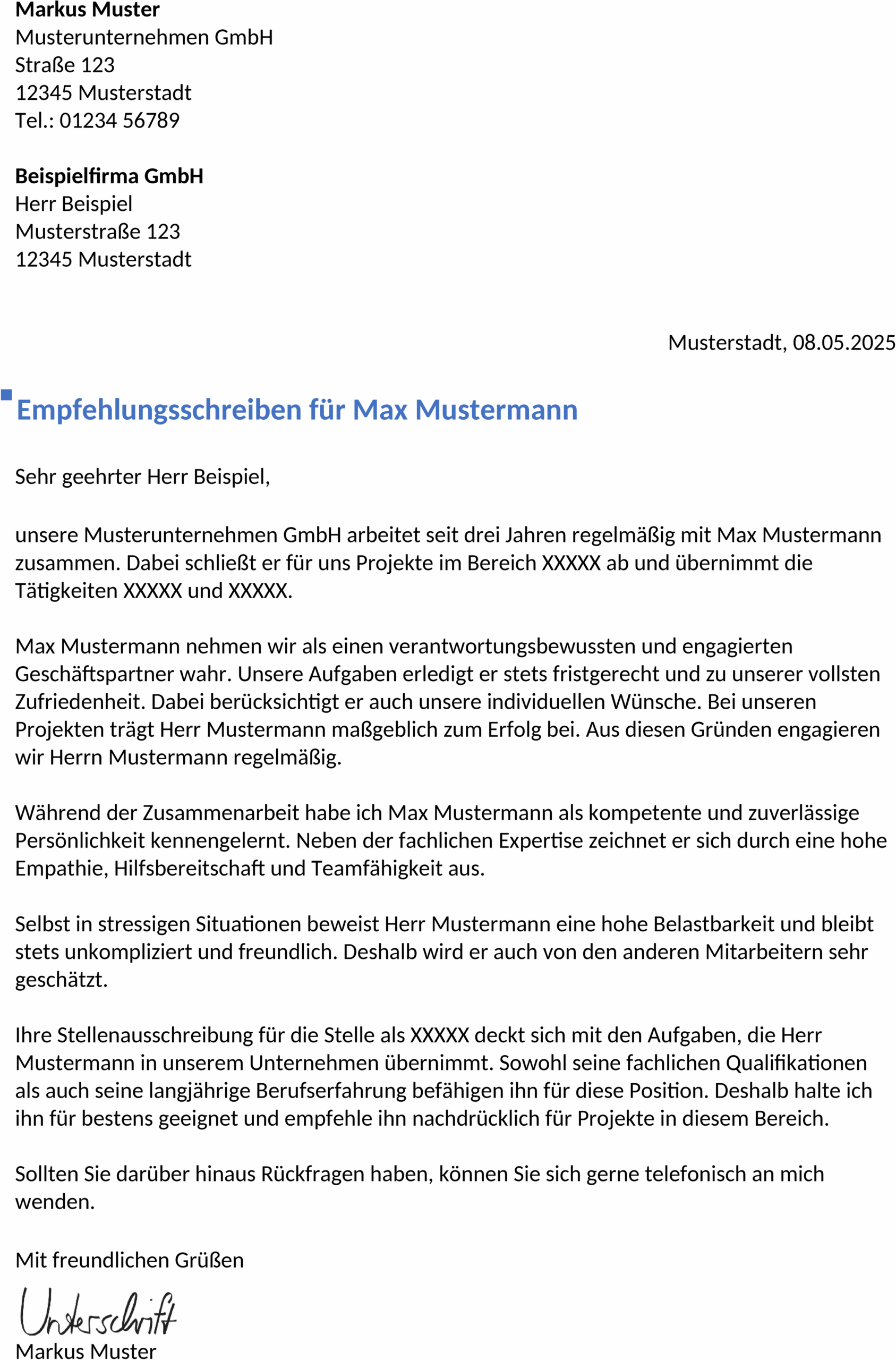 Word Vorlage Empfehlungsschreiben Freiberufler