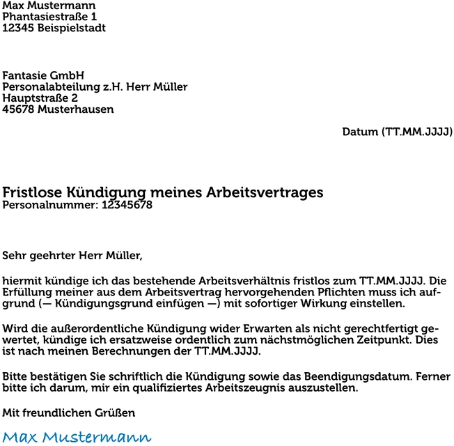 vorlage-fristlose-kuendigung-arbeitsvertrag