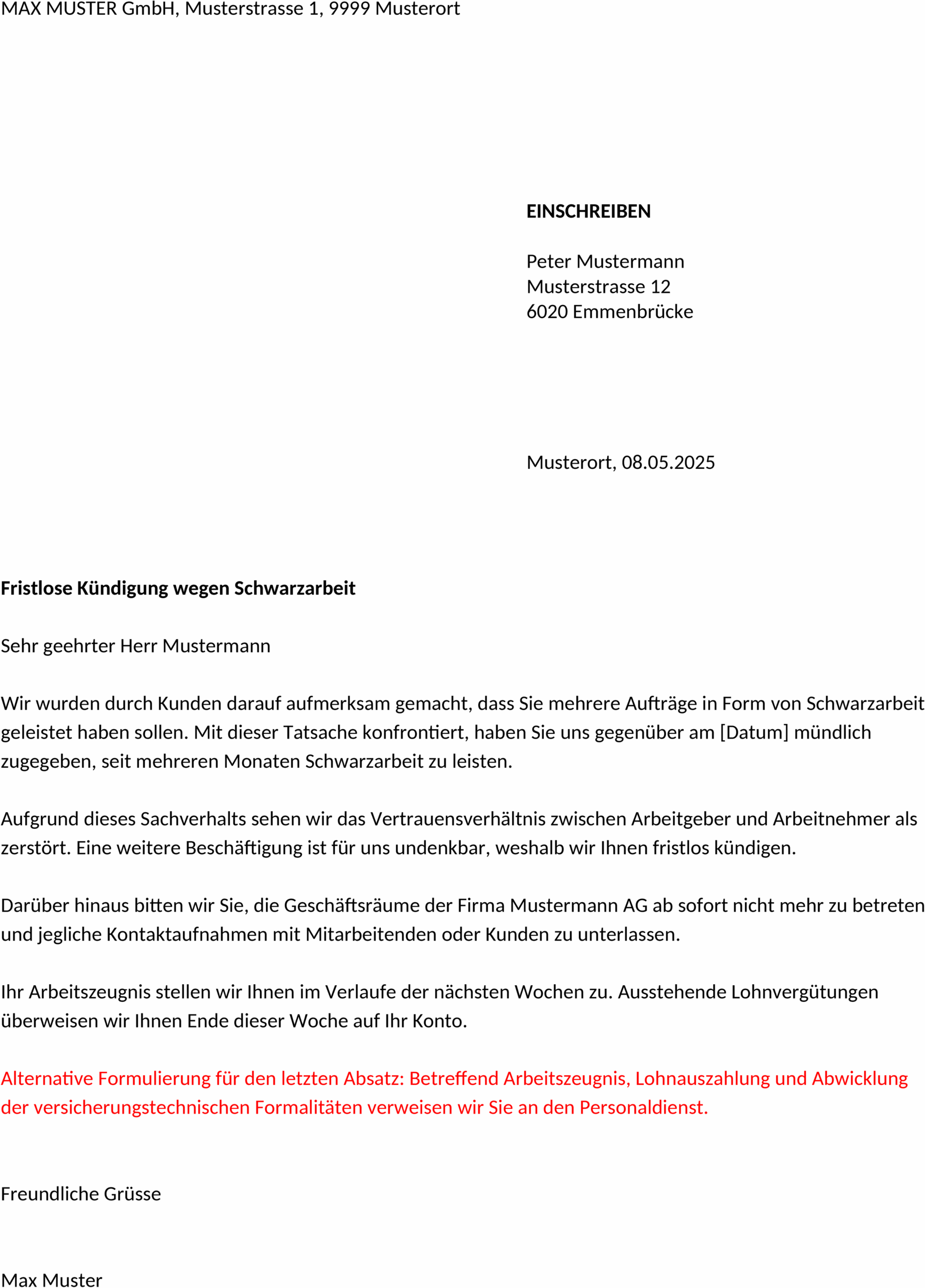 Vorlage für Fristlose Kündigung bei Schwarzarbeit